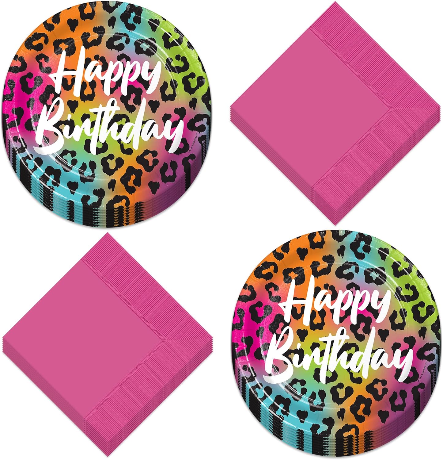 Live It Up! Party Supplies Wild Child Happy Birthday Animal Print Paper Dessert Plates and Napkins - Neon Rainbow Bright Colorful Wild Animal Print (Serves 16, Plates & Napkins)