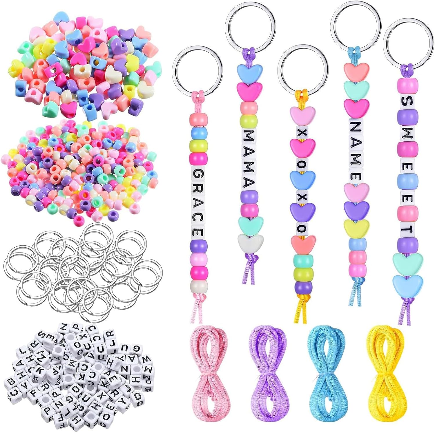Satiskid 566 Pcs Keyring Making Kit, DIY Keychain Making Kit with Key Rings, Letter Beads, Colorful Beads & Heart Charms, Perfect for Handmade Keyrings, Backpack Charms, Party Favors, Gifts for Kids