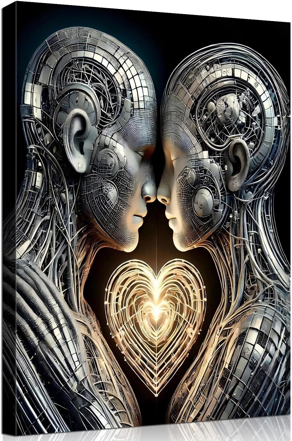 Framed 3D Love Wall Art Canvas Mural Futurist Gallery Couple Fantasy Robot Romantic Poster Art Bedroom Living Room Office Game Room High tech Aesthetic Decoration 16x24 inches