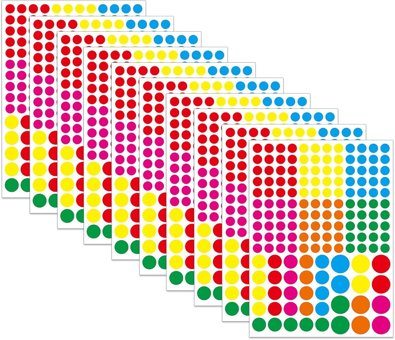 Pack of 1570 Colourful Self-Adhesive Adhesive Dots Stickers 10 mm, 15 mm, 20 mm Round Dot Stickers 6 Colours Small Colour Coding Labels Marking Dots for Labelling