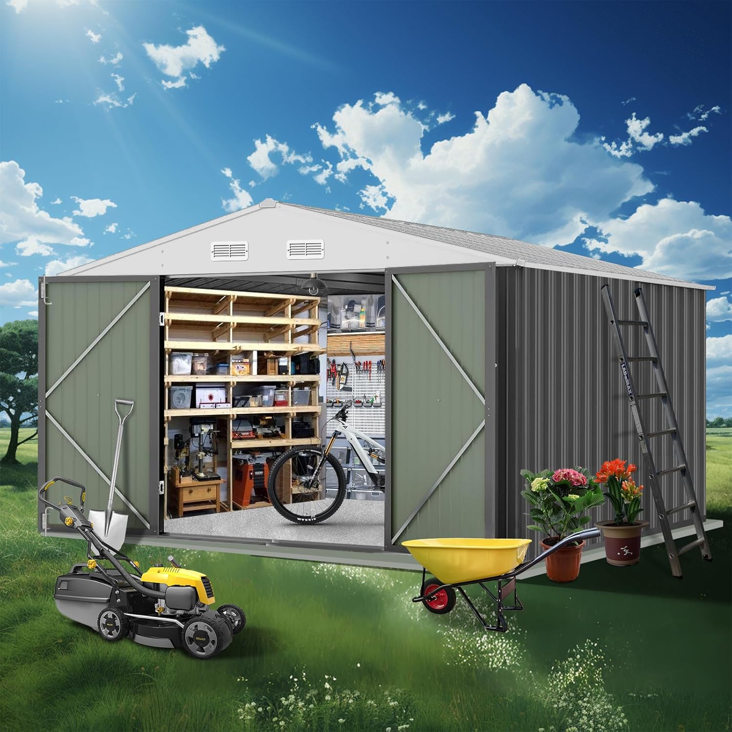 12 x 10 Ft Outdoor Storage Shed with Updated Frame Structure & Lockable Door, Waterproof Practical Garden Patio Lawn Poolside Metal Tool Shed Designed for Organization & Storage, Gray