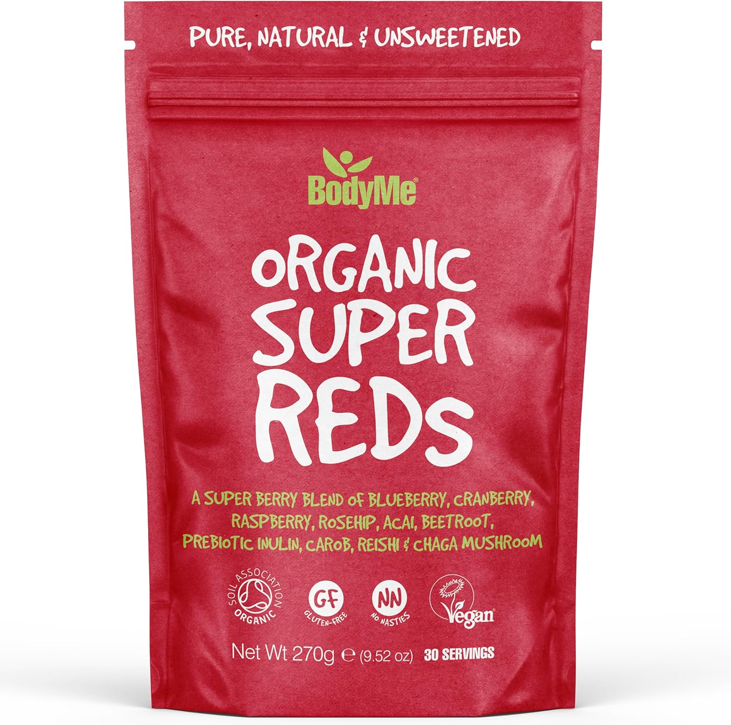BodyMe Organic Vegan Red Powder - Vegan Super Reds Blend with Blueberry, Cranberry, Acai and Other Organic Ingredients - Quick & Easy Nutrients, (30 Servings, 270g) | UK