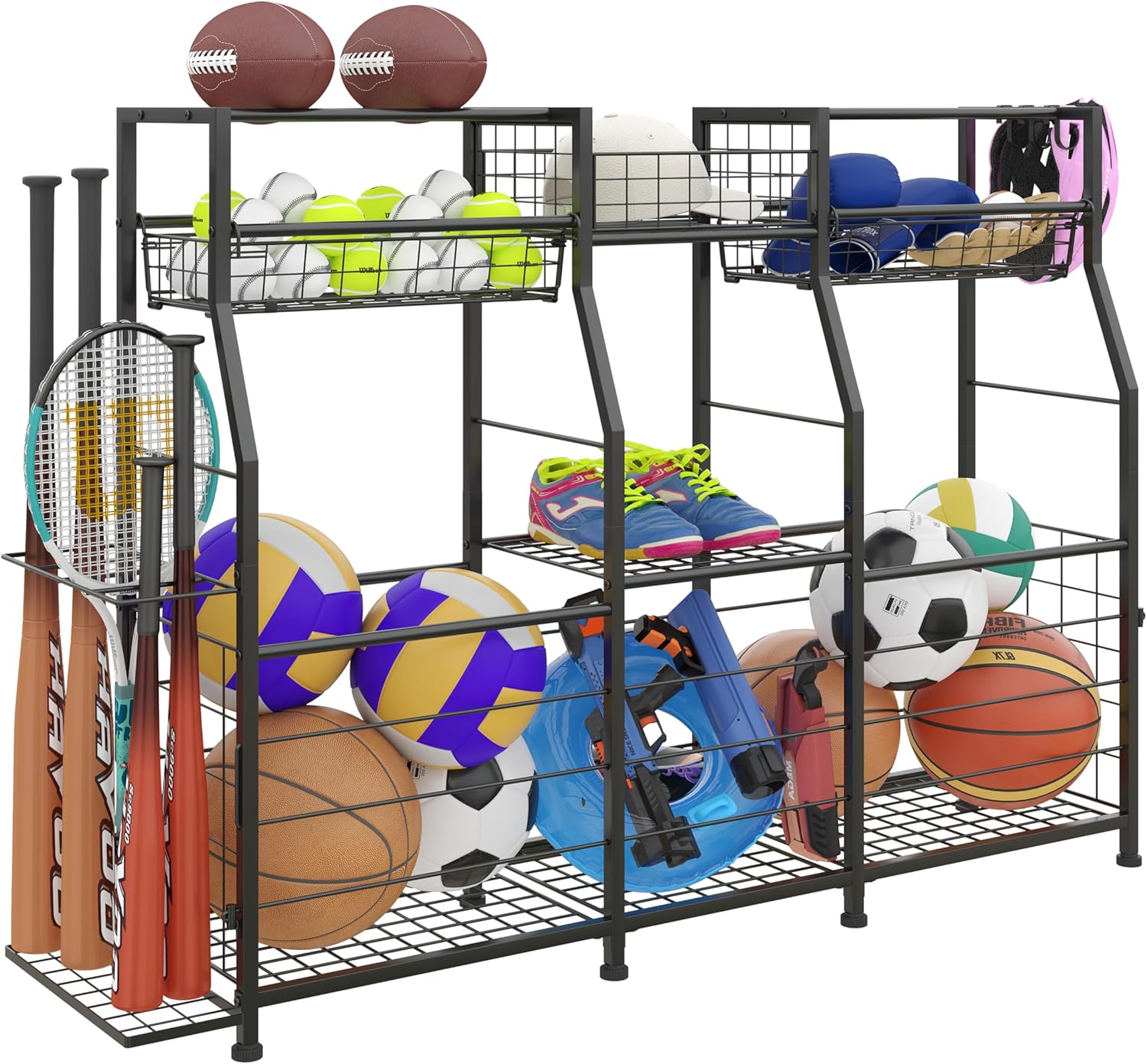 Garage Sports Equipment Organizer - Ball Storage Rack with Elastic Rope or Wire Mesh,Garage Organizer System with Wheels,Indoor/Outdoor Sports Rack for Sports Gear and Toys Storage,Black
