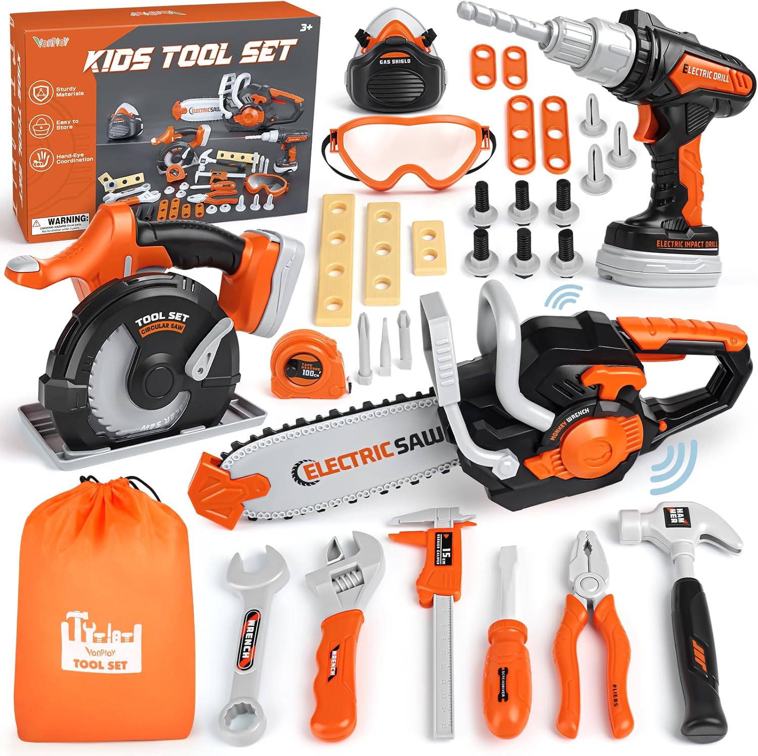 Vanplay Kids Tool Set Kids Toys Kids Tool Kit with Electric Drill, Kids Chainsaw, Circular Saw, Pretend Play Construction Toys for Boys Girls Age 3 4 5 6 Years Old