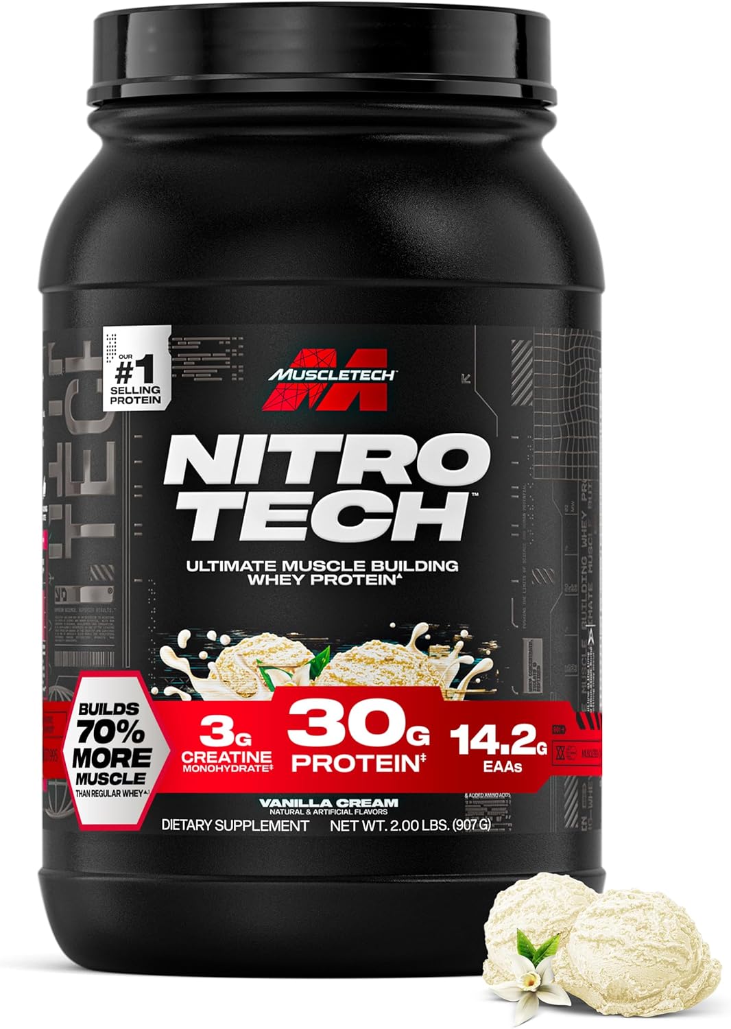 MuscleTech NitroTech Whey Protein Powder, Muscle Maintenance & Growth, Whey Isolate Protein Powder With 3g Creatine, Protein Shake For Men & Women, 6.8g BCAA, 20 Servings, 908g, Vanilla