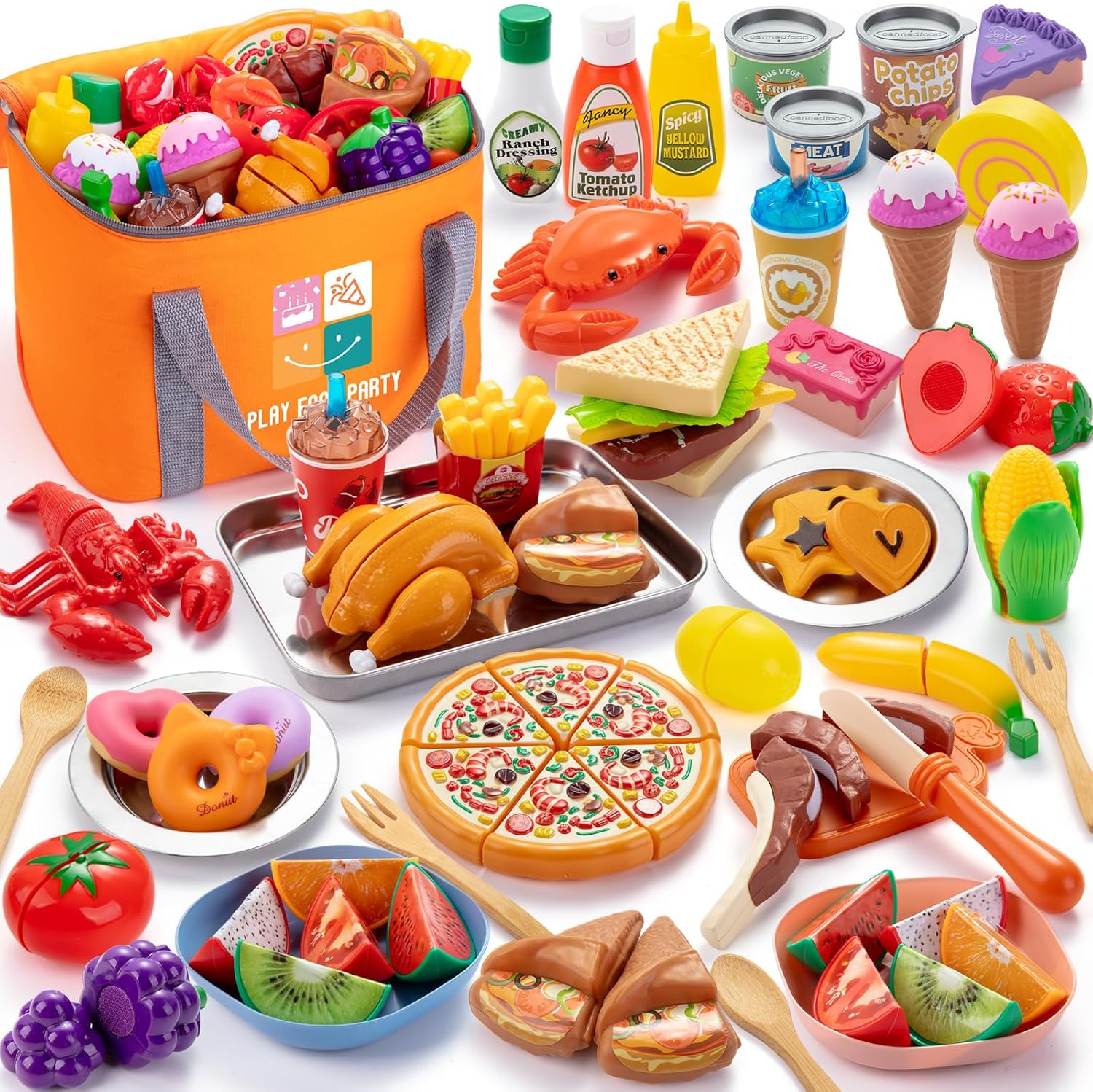 Juboury Pretend Play Food Set for Toddlers, Cutting Toy Food with Storage Bag, Stainless Steel Tray and Plates, Food Toys with Veggies, Fruits, Dessert, Pizza Toy, Play Kitchen Accessories for Kids