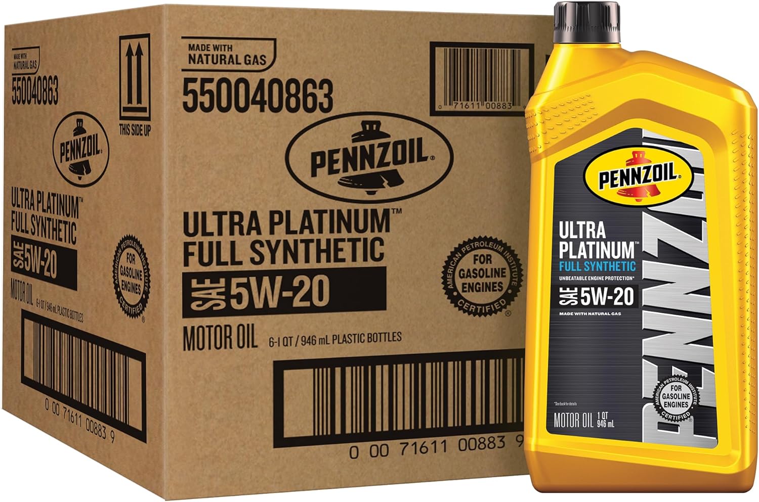 Pennzoil Ultra Platinum Full Synthetic 5W-20 Motor Oil, 1 Quart (6 Pack)