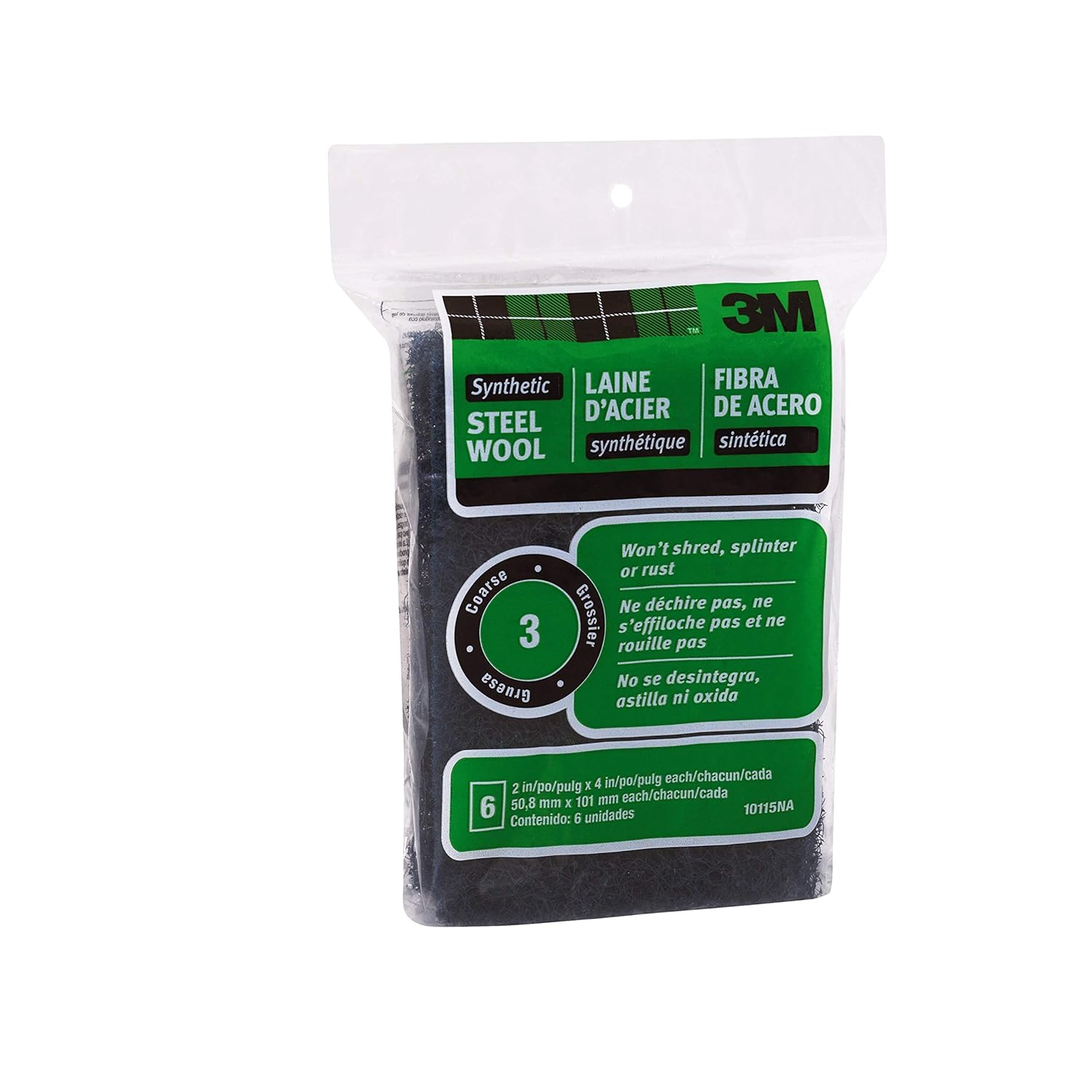 3M Synthetic Steel Wool Pads, #3 Coarse, 6-Pads, Use Wet Or Dry, Compatible With Water-Based Strippers & Finishes, Will Not Shred, Splinter Or Rust Like Steel Wool Does, Rinse and Reuse (10115NA)