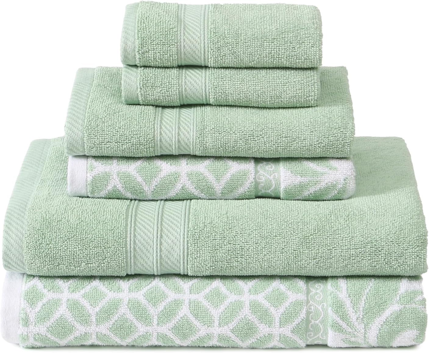 Modern Threads Trefoil Filigree 6-Piece 100% Cotton Towel Set – Reversible Yarn Dyed Jacquard – Includes 2 Bath Towels, 2 Hand Towels, 2 Washcloths – Absorbent, Quick Dry, Soft & Durable – Sage Green