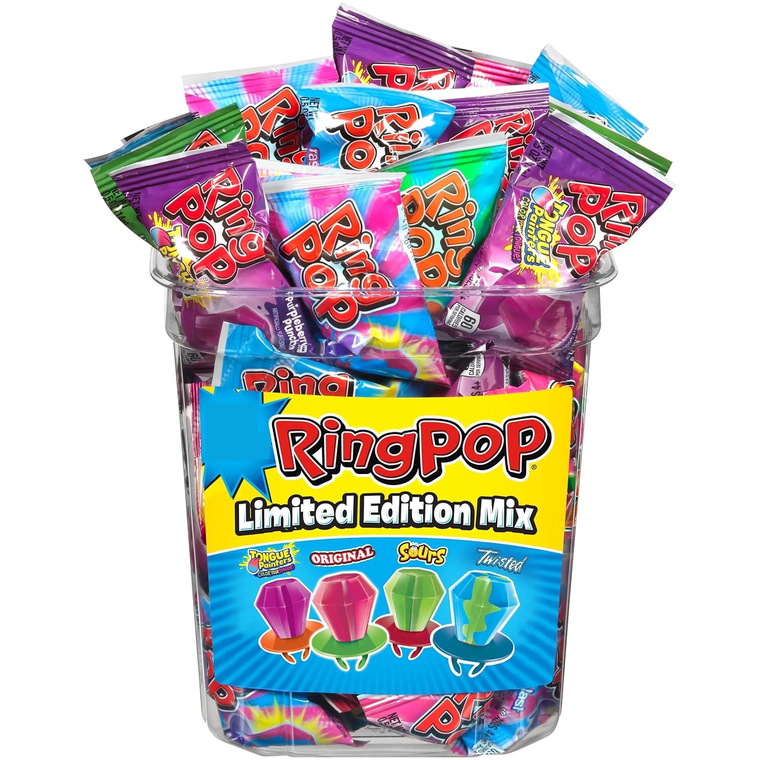 Ring Pop Individually Wrapped Bulk Lollipop Suckers In Assortment of Flavors! It's The Ultimate in candy fashion! This iconic wearable lollipop features an enormous, eye catching candy gem delicious & Stylish!
