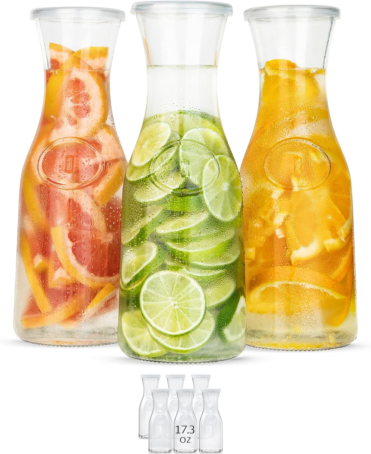 Glass Carafe Pitchers, by Kook, Large Carafe - set of 3, Beverage Dispensers, Clear Jugs For Mimosas, Water, Wine, Milk and Juice, with Plastic Lids, 50 oz Dishwasher Safe