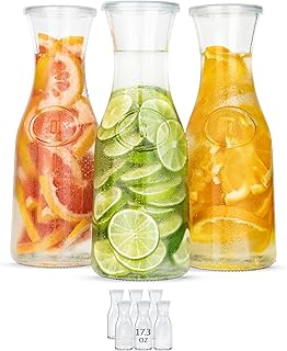 Glass Carafe Pitchers, by Kook, Large Carafe - set of 3, Beverage Dispensers, Clear Jugs For Mimosas, Water, Wine, Milk and Juice, with Plastic Lids, 50 oz Dishwasher Safe