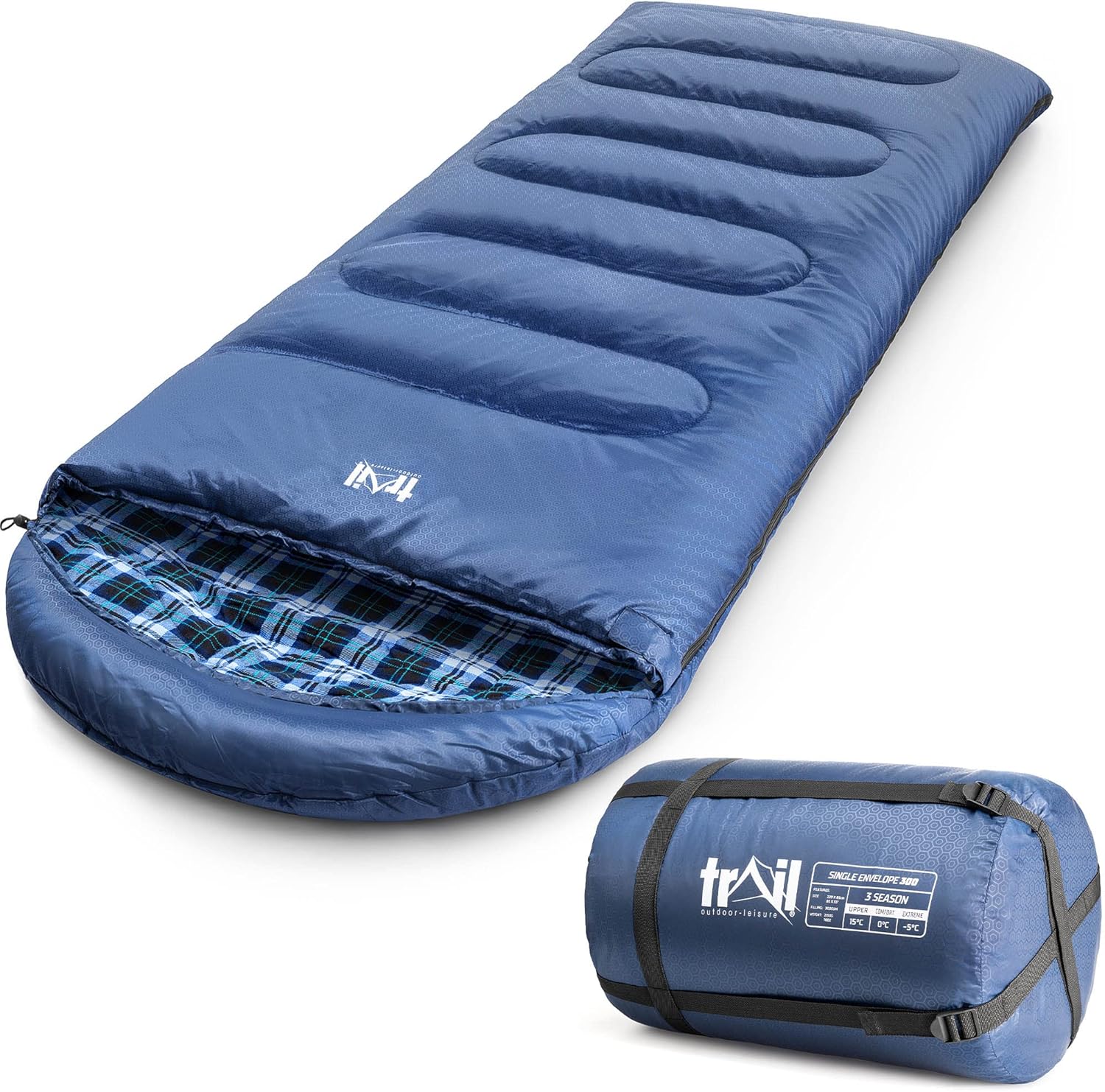 Trail Luxury Sleeping Bag, Cotton Flannel Lined, Double Layer Fill, 3 to 4 Season, Envelope Sleeping Bag with Compact Compression Bag