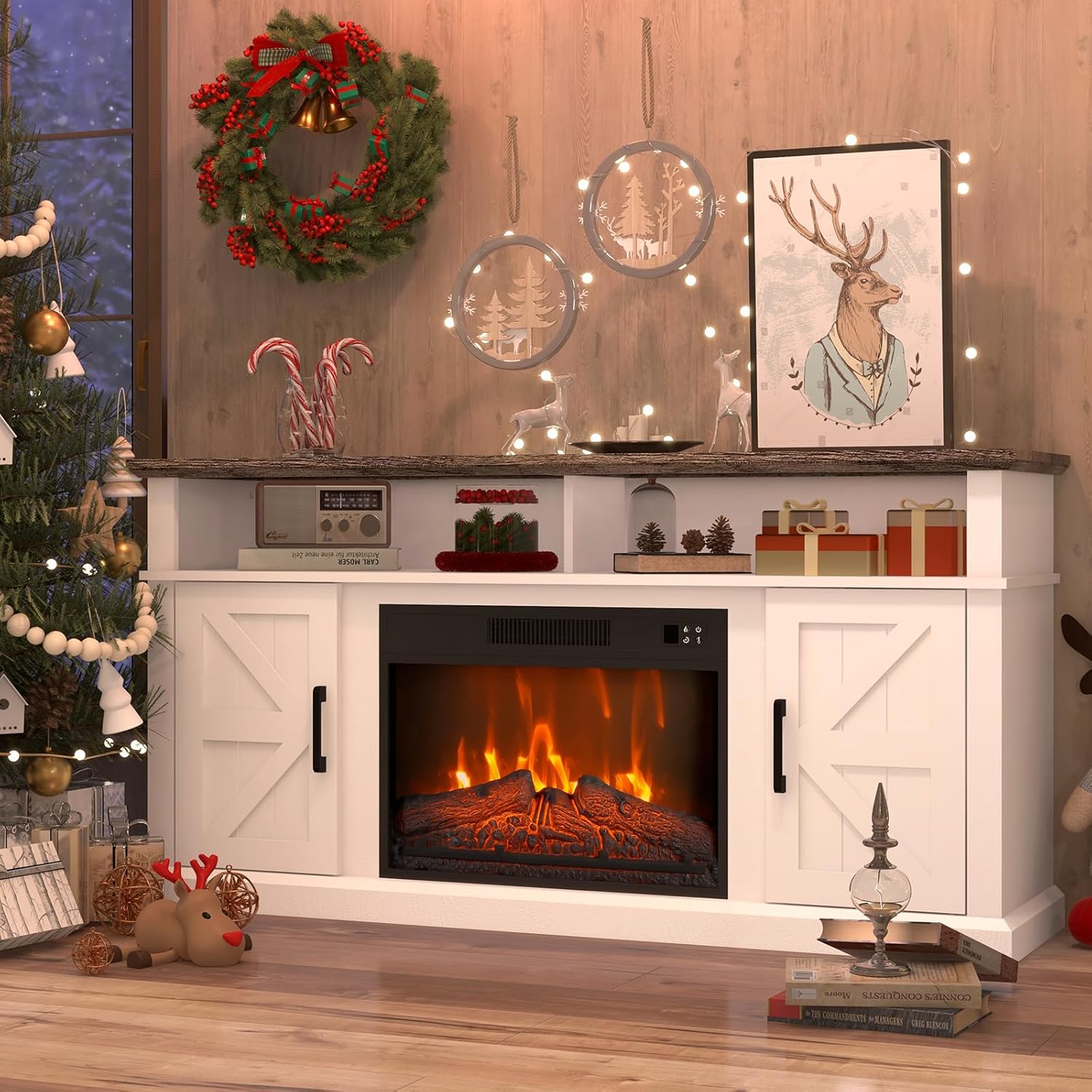 Fireplace TV Stand for TVs Up to 65" with 23" Electric Fireplace, Entertainment Center with Storage Cabinet and Open Shelves, Media Console with Barn Doors for Living Room (White)
