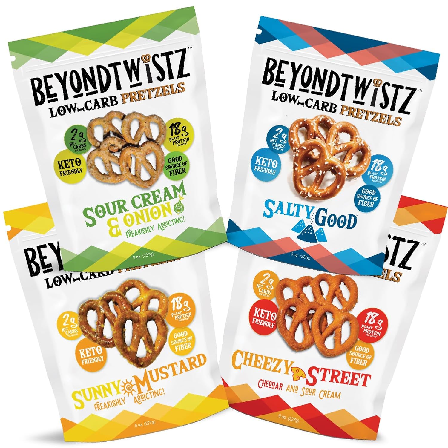 BeyondTwistz Low Carb Pretzels, Starter Pack, Keto Friendly, 2g Net Carbs, 18g Protein, Powered By HealthSense® High Fiber Wheat Flour, Family Size 8oz Bag, Pack of 4