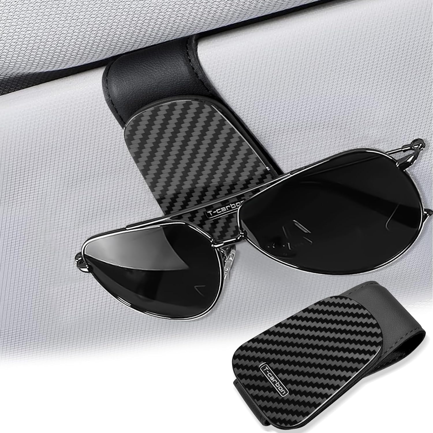 Sunglass Holder for Car,Magnetic Sunglasses Clip for Car Visor,Carbon Fiber Sunglasses Clip and Ticket Card Clip, Leather Sunglasses Clip for Car Visor,Black