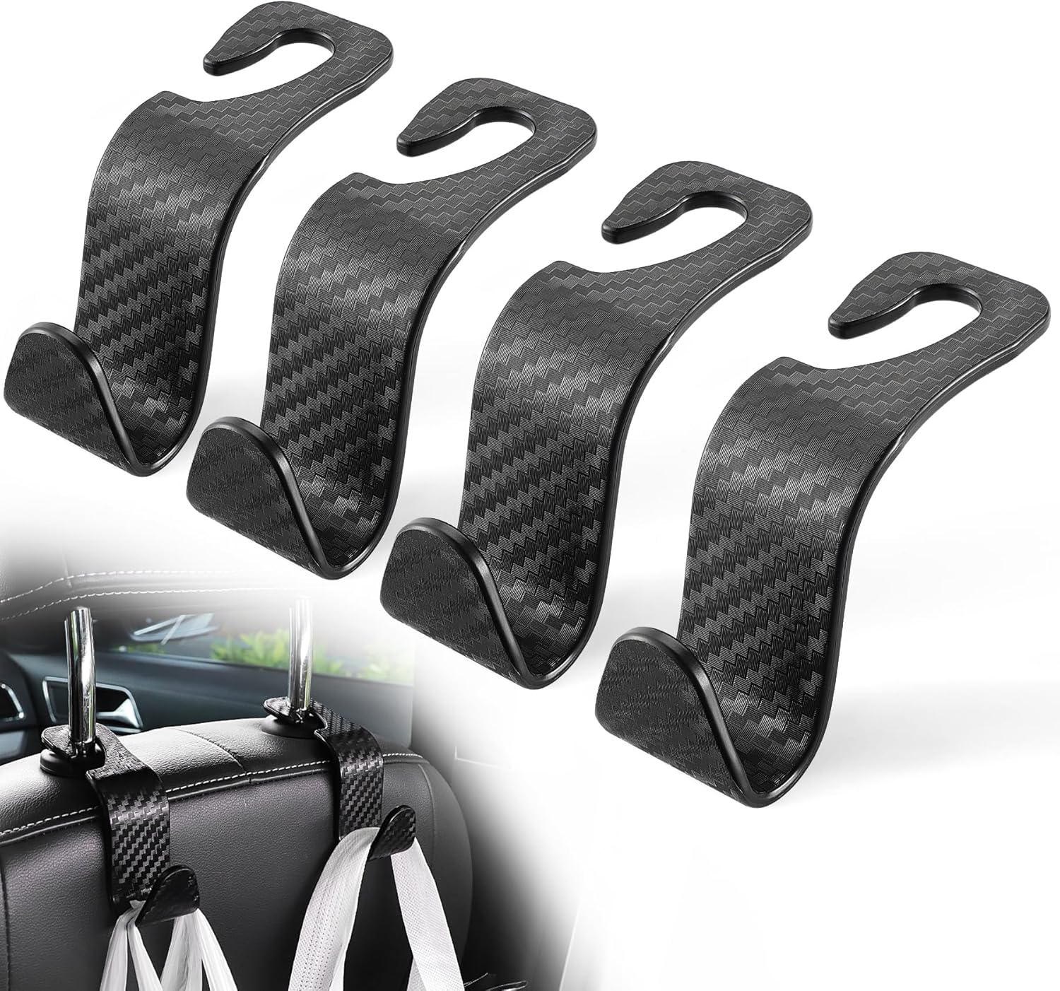 LivTee Car Purse Hook, 4 Pack Universal Auto Seat Headrest Hook Hangers Organizer for Coats, Umbrellas, Groceries - Carbon Fiber Black