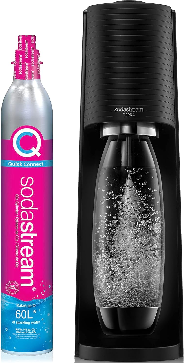 SodaStream Terra Sparkling Water Maker (Black) with CO2 and Dishwasher Safe Bottle