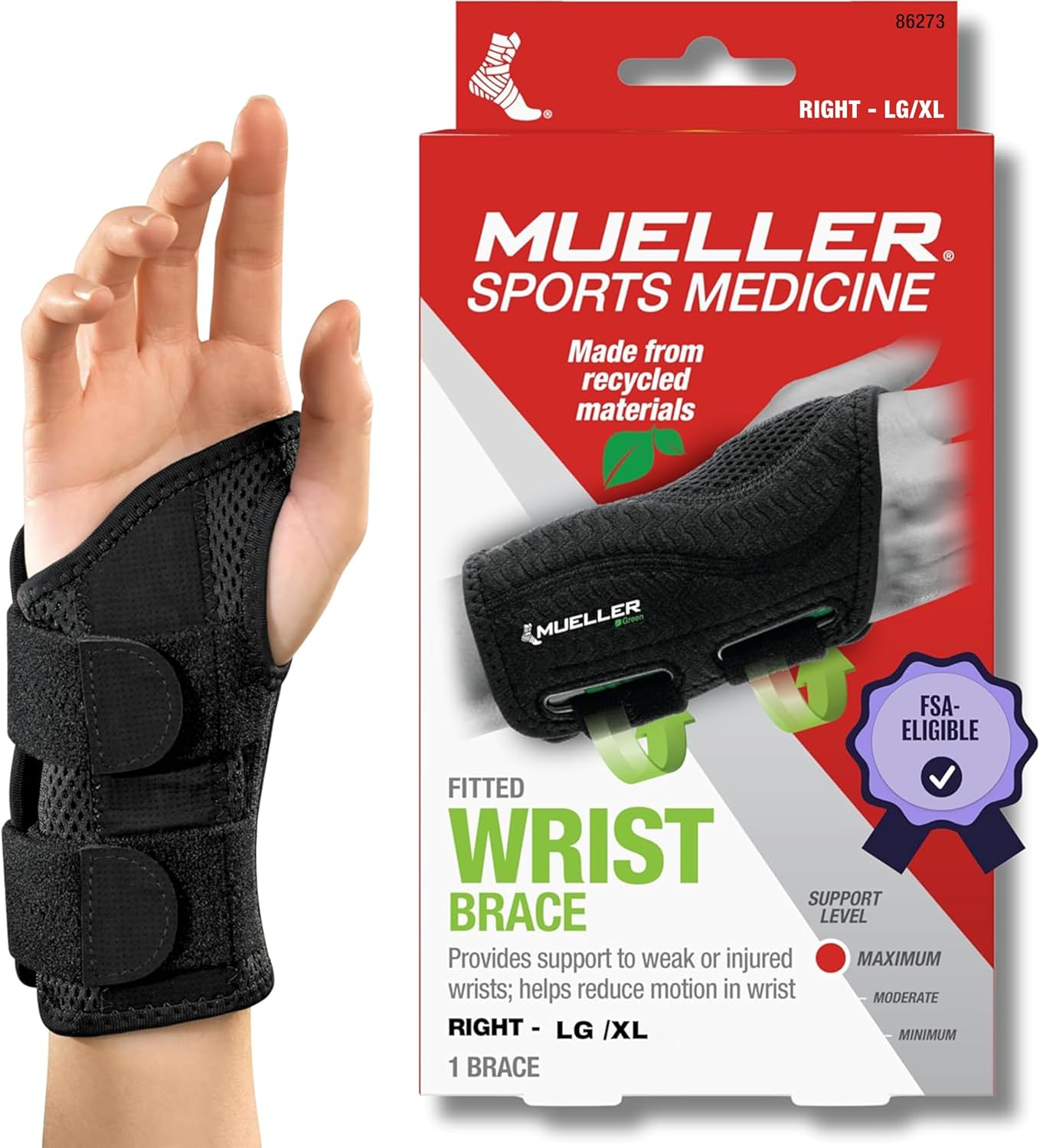 MUELLER Sports Medicine Green Fitted Wrist Brace for Men and Women, Wrist Pain Relief Support, Ideal for Carpal Tunnel, Tendonitis, Arthritis, Black