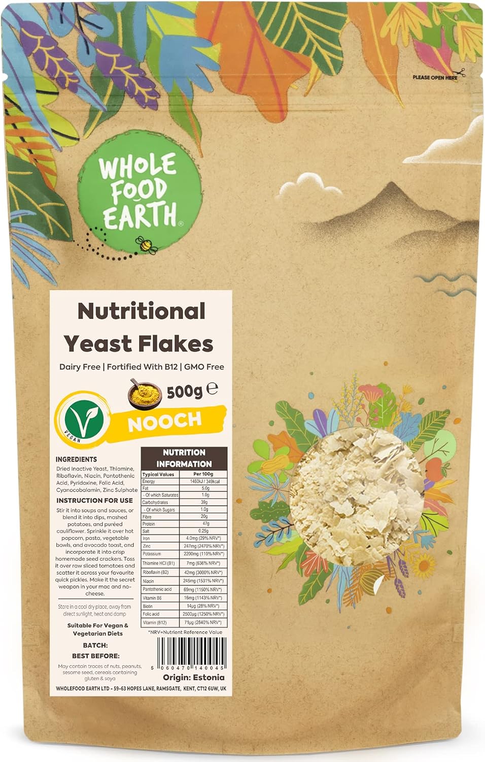 Wholefood Earth Nutritional Yeast Flakes - 500g - Fortified with B Dairy Free