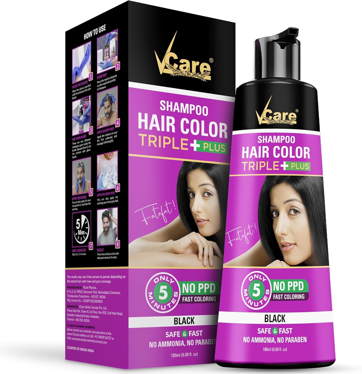 VCare Super Eazzy Hair Colour Shampoo for Women and Men 180ml | Only 5 Minute Root Hair Dye Coloring Kit Head, Moustache, Beard, Hands, Chest | No Parabens, Ammonia And Sulfates (PPD Free-Black)