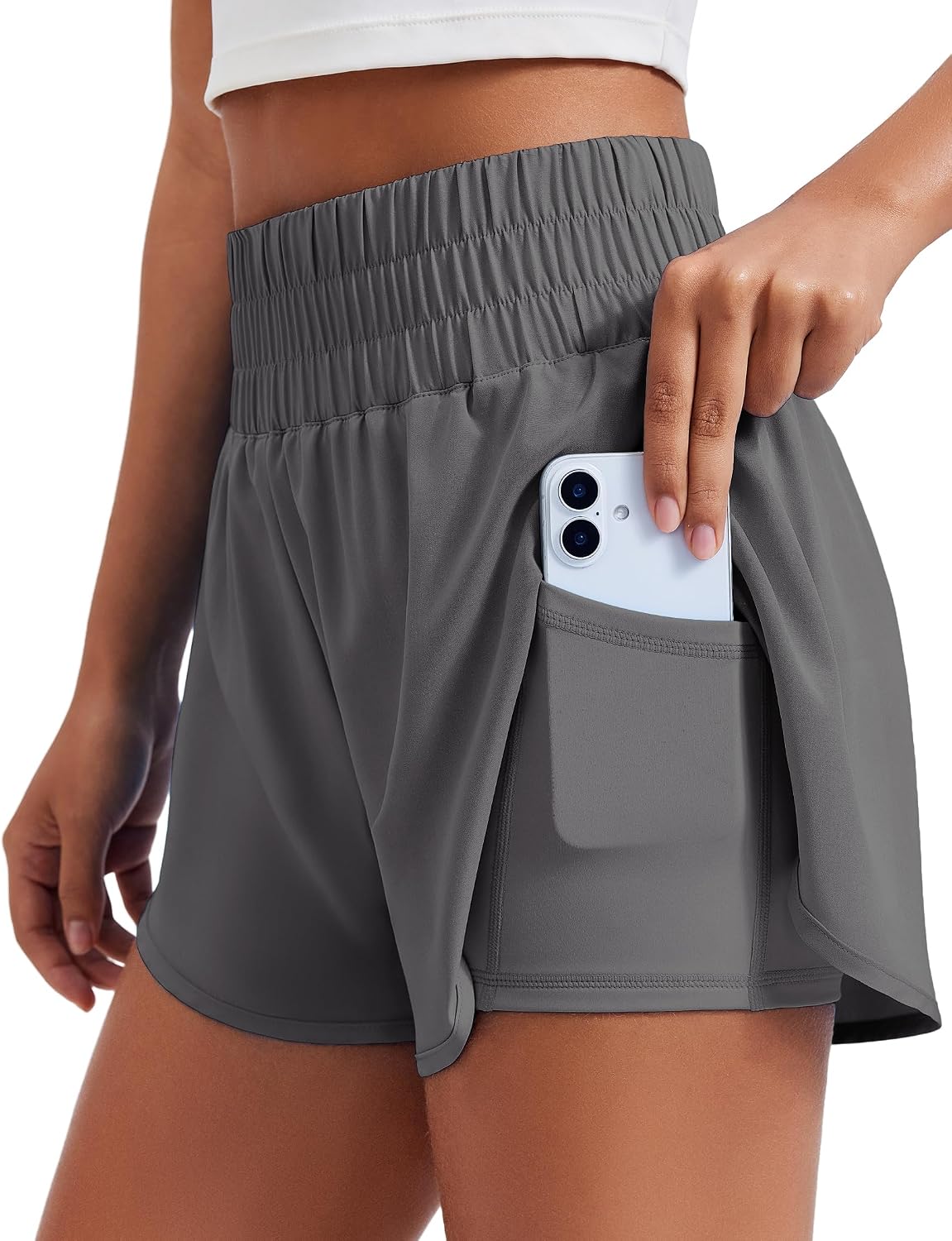 PINSPARK Women's 2 in 1 Running Shorts High-Split Athletic 3" Liner Short