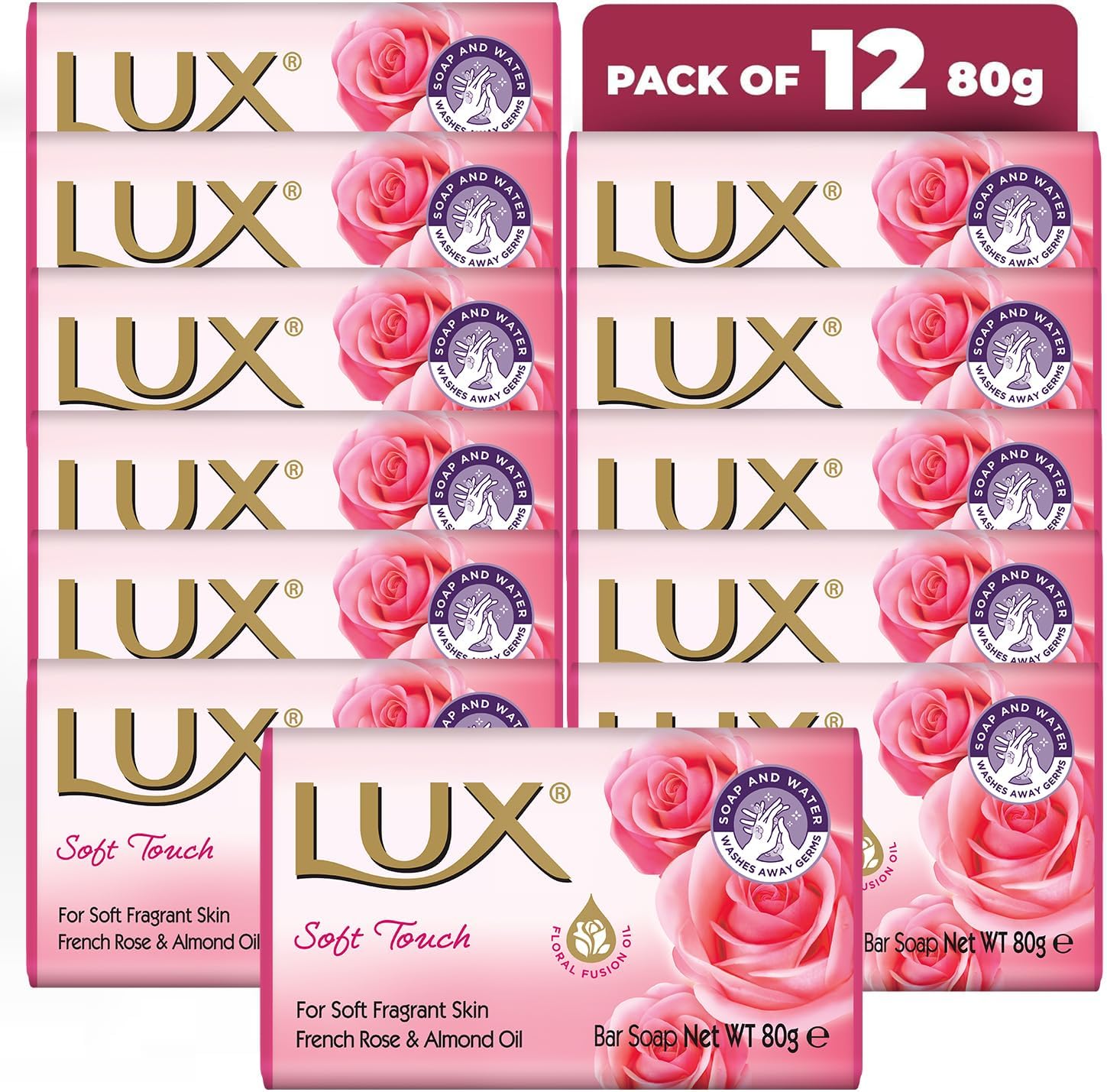 LUX Pink Soft Beauty Soap Bar - Indulgent Skincare for Face, Hands, Body - Enriched for Smooth, Radiant Skin - Gentle Daily Bath & Shower Soap w/Fresh Fragrance - Men & Women - 80g x 12