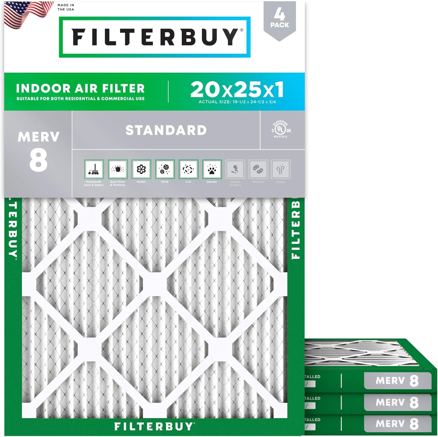 Filterbuy 20x25x1 Air Filter MERV 8 Dust Defense (4-Pack), Pleated HVAC AC Furnace Air Filters Replacement (Actual Size: 19.50 x 24.50 x 0.75 Inches)