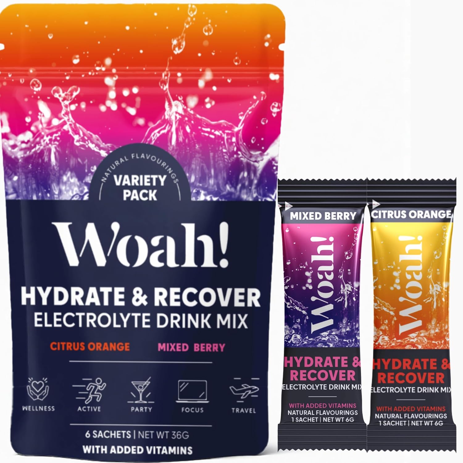 Woah! Electrolyte Powder Sachets for Rapid Hydration and Recovery with Vitamins C, D, B6, B12 and Natural Flavourings - 6 Sachets (3 x Mixed Berry, 3 x Citrus Orange)