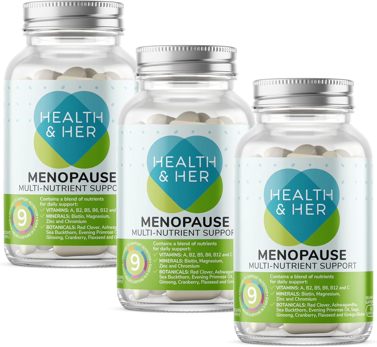 Health & Her Menopause Supplements for Women - Multi-Nutrient Wellbeing Support - Wellbeing for Menopause - 3 Month Supply, 180 Capsules - Vegan