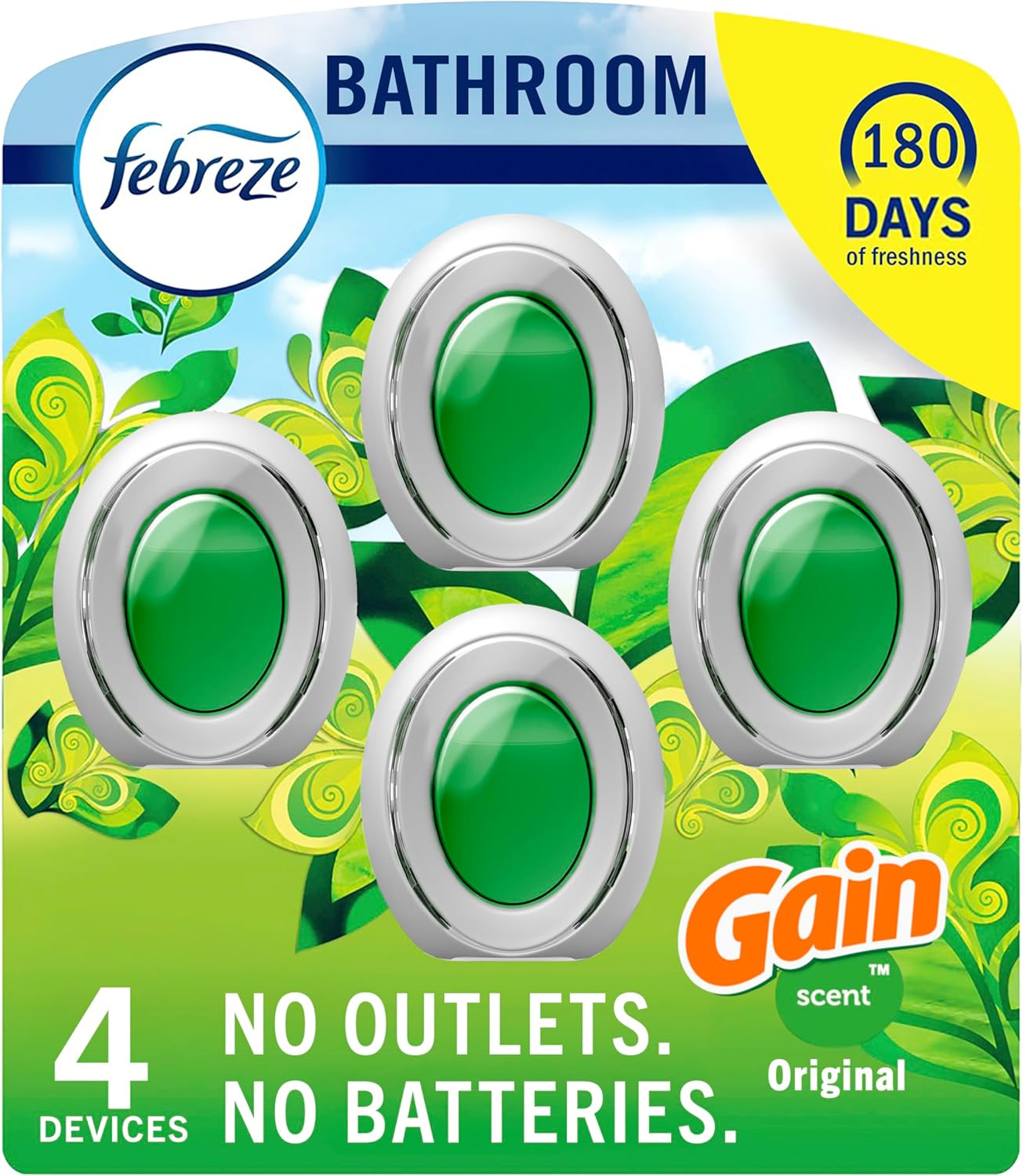 Febreze Bathroom Air Freshener, Odor-Fighting, Plug-In Alternative, Air Fresheners for Home, Bathroom and Kitchen, Closet, Pet & Litter Box Odor Fighter, Gain Original Scent, Multicolor, 4 Count