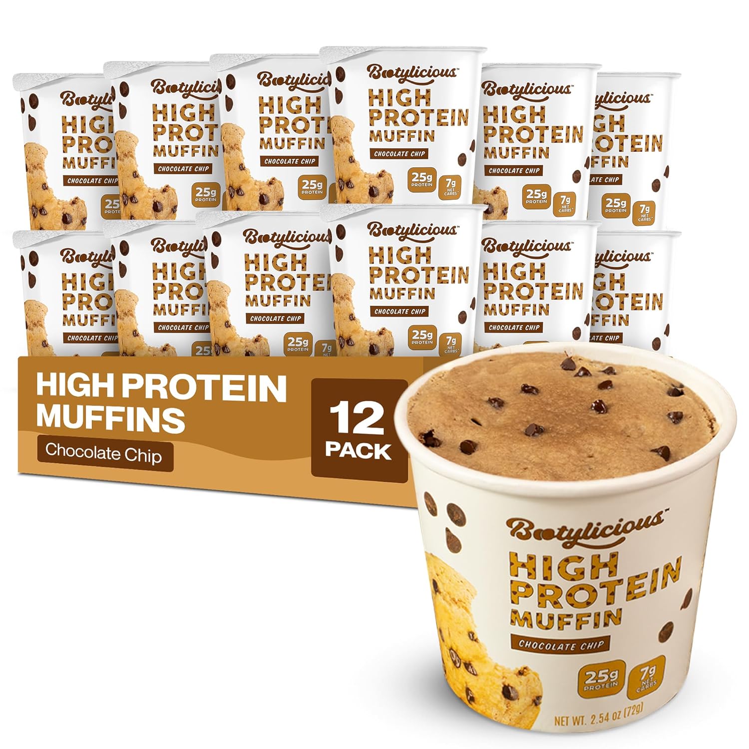 Bootylicious | 25g Protein Muffin | Chocolate Chip | Low Carb, 16g Fiber, Low Glycimic Index, Low Sugar, 2.39oz Cup, 12-Pack