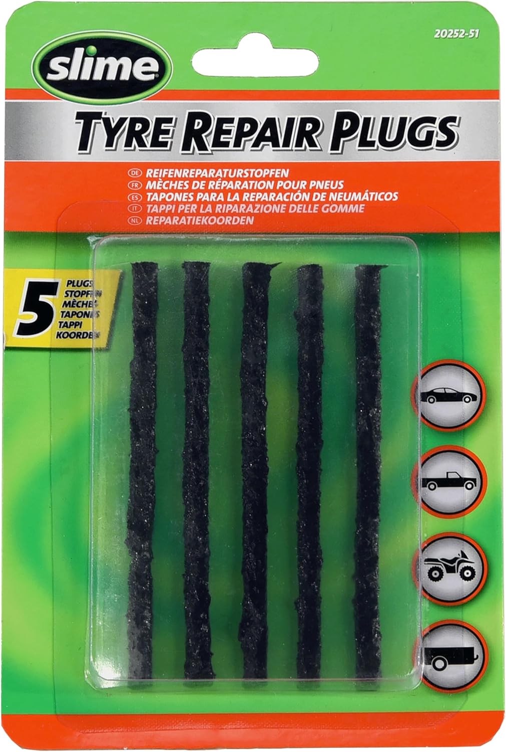 Slime 20252-51 Tyre Repair Plugs Refill, for tubeless Off-Road Tyres, Including ATVs, mowers, and wheelbarrows, Pack of 5