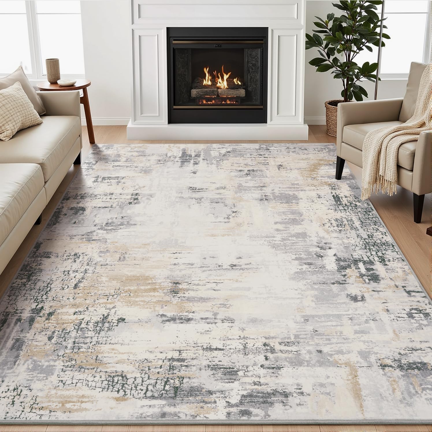 MontVoo Abstract Area Rug-5x7 Washable Rugs for Living Room-Soft Rug for Bedroom-Neutral Non Slip Indoor Floor Carpet for Apartment Dining Room Nursery Home Decor