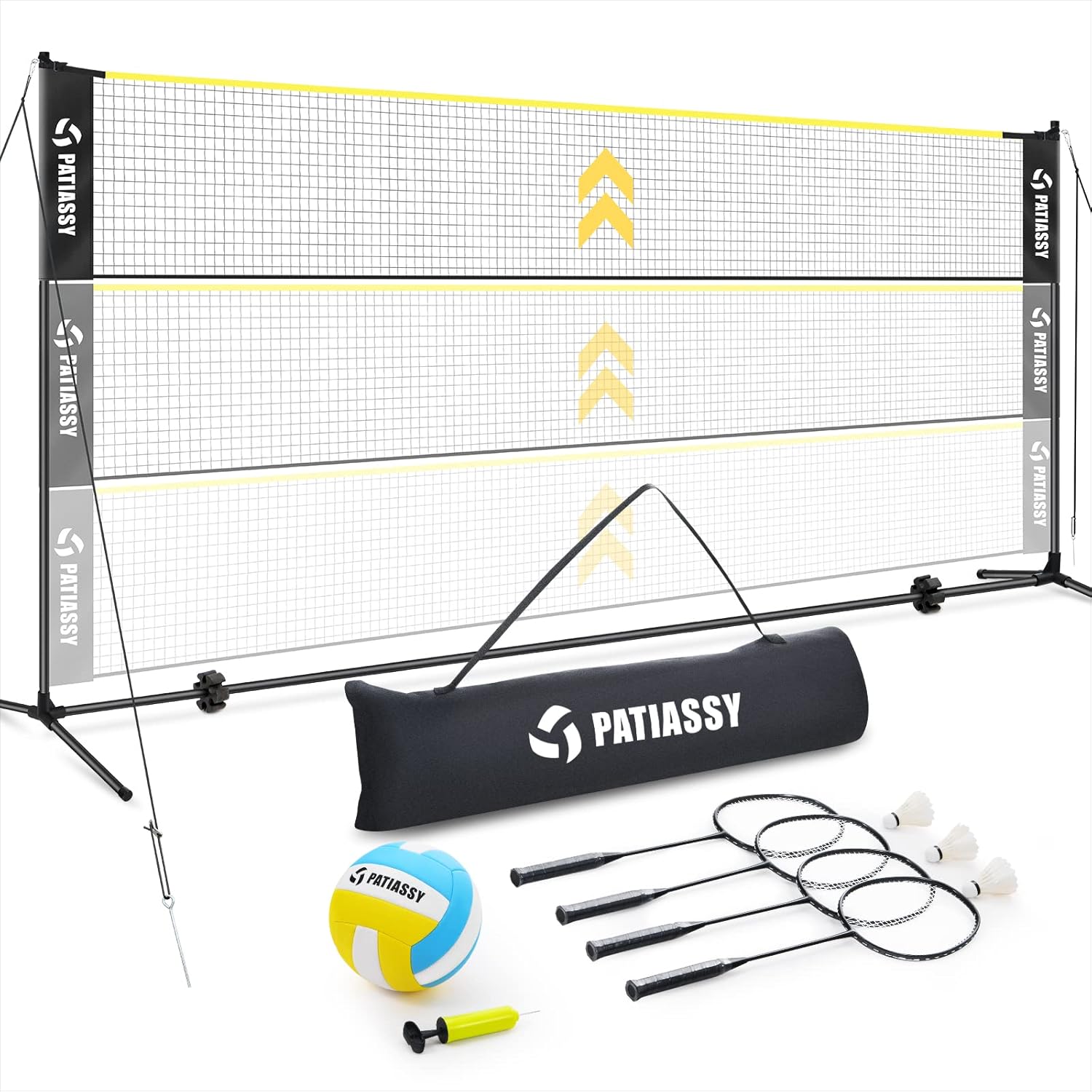 Patiassy 17ft Portable Volleyball Badminton Net Set - Indoor Outdoor Adjustable Height Sports Net with Poles, 4 Badminton Rackets, 3 Shuttlecocks and 1 Volleyball for Backyards Beach Garden