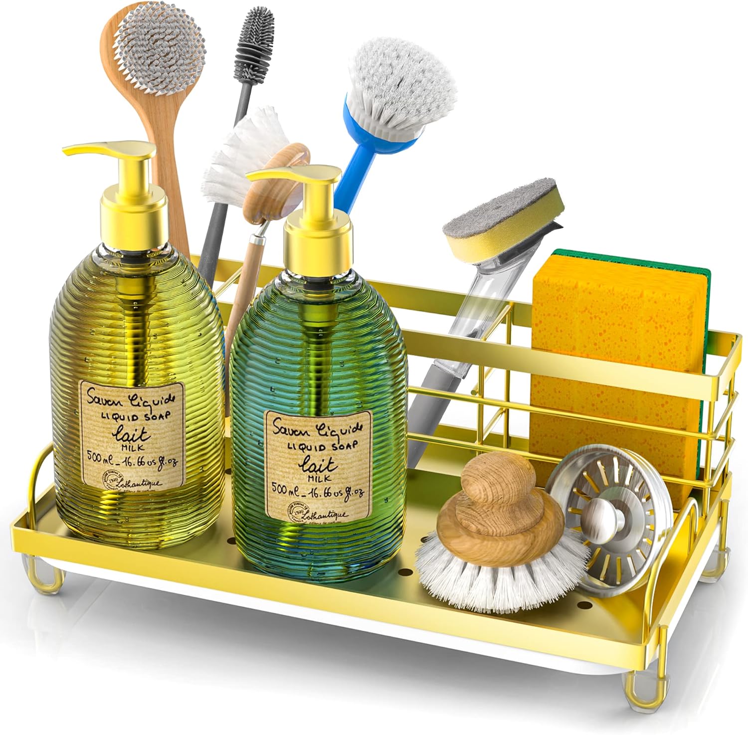 Cisily Gold Kitchen Sink Caddy Organizer, Rustproof Sponge Holder, Non-Slip Soap Dish Dispenser Brush Storage, Home & Kitchen Essentials Accessories