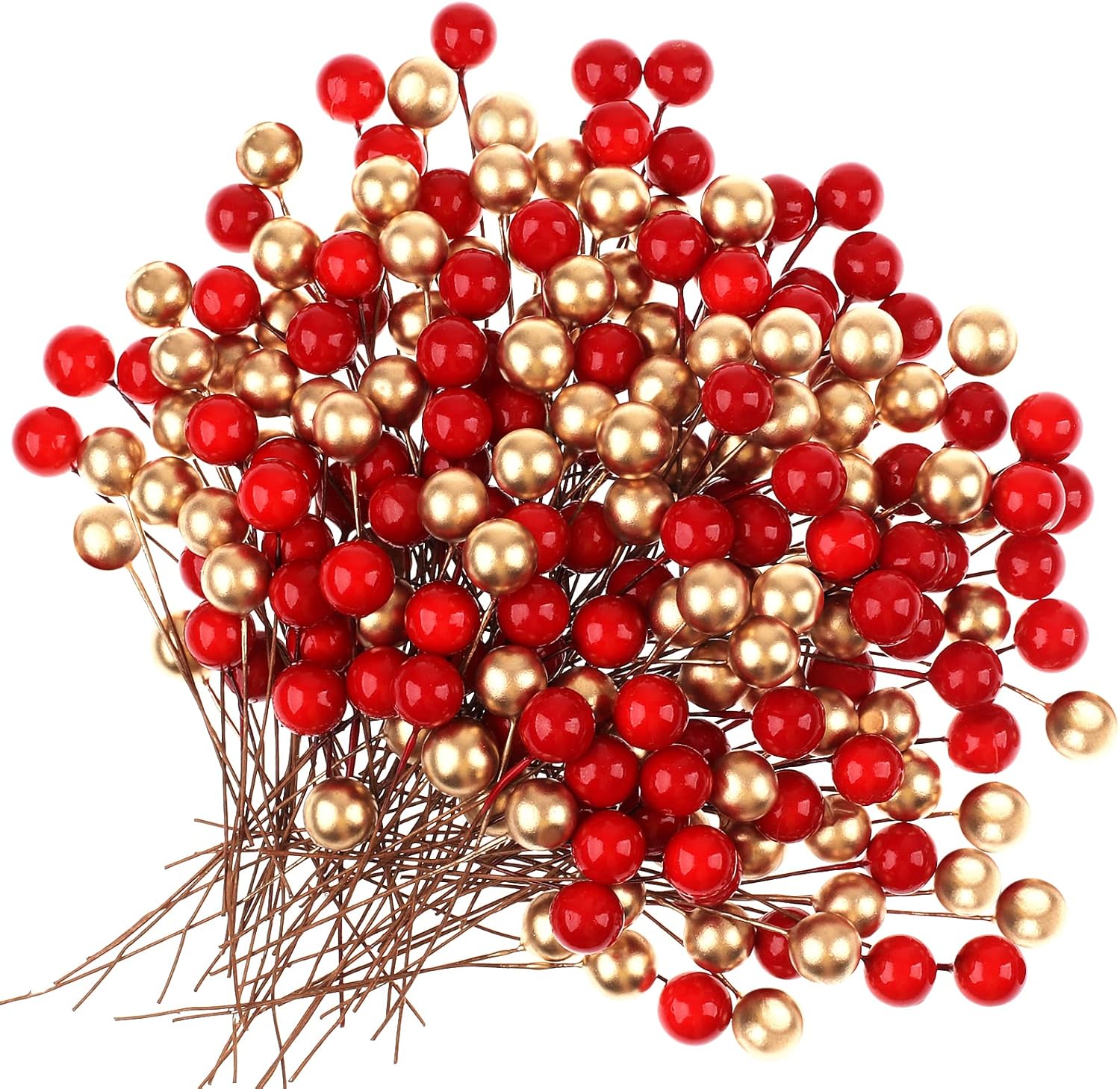 100Pcs Christmas Holly Berries, Artificial Gold Christmas Berries and Red Fake Berry for Christmas Tree Ornaments,Wreath Making Supplies,Xmas Party Decorations