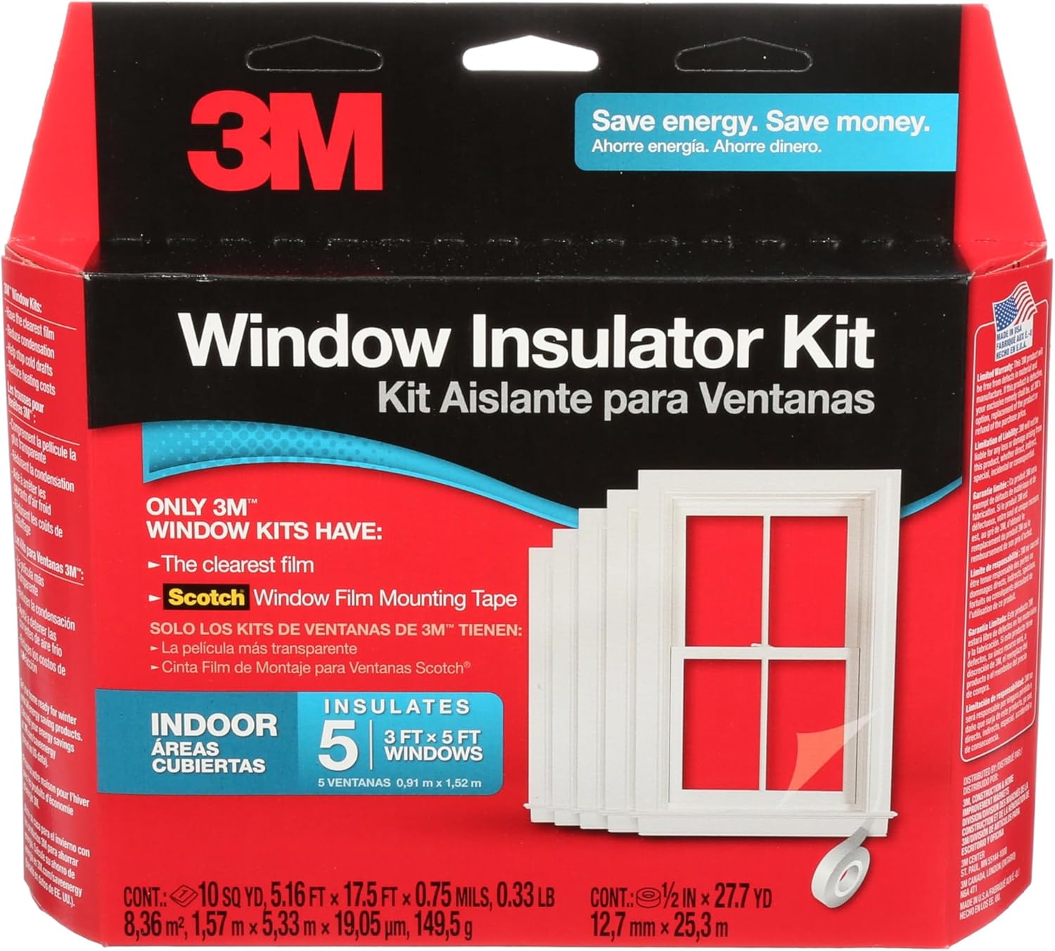 3M Indoor Window Insulation, Insulator Kit for 5 Windows 3ft x 5ft, Keeps Cold Air Out and Warm Air In, Includes Heat Shrink Window Film and Scotch Window Film Mounting Tape (2141W-6)