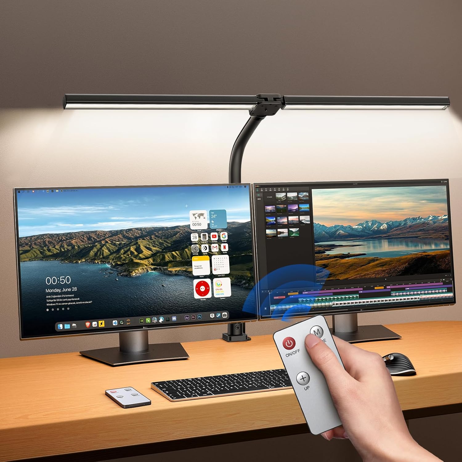 NGTeco Daul Head LED Desk lamp with Clamp, 5 Color Modes 10 Dimmable Brightness, 24W Flexible Lamp, Eye-Caring Bedside Lamp, Desk Light for Home Office, Study, Draw