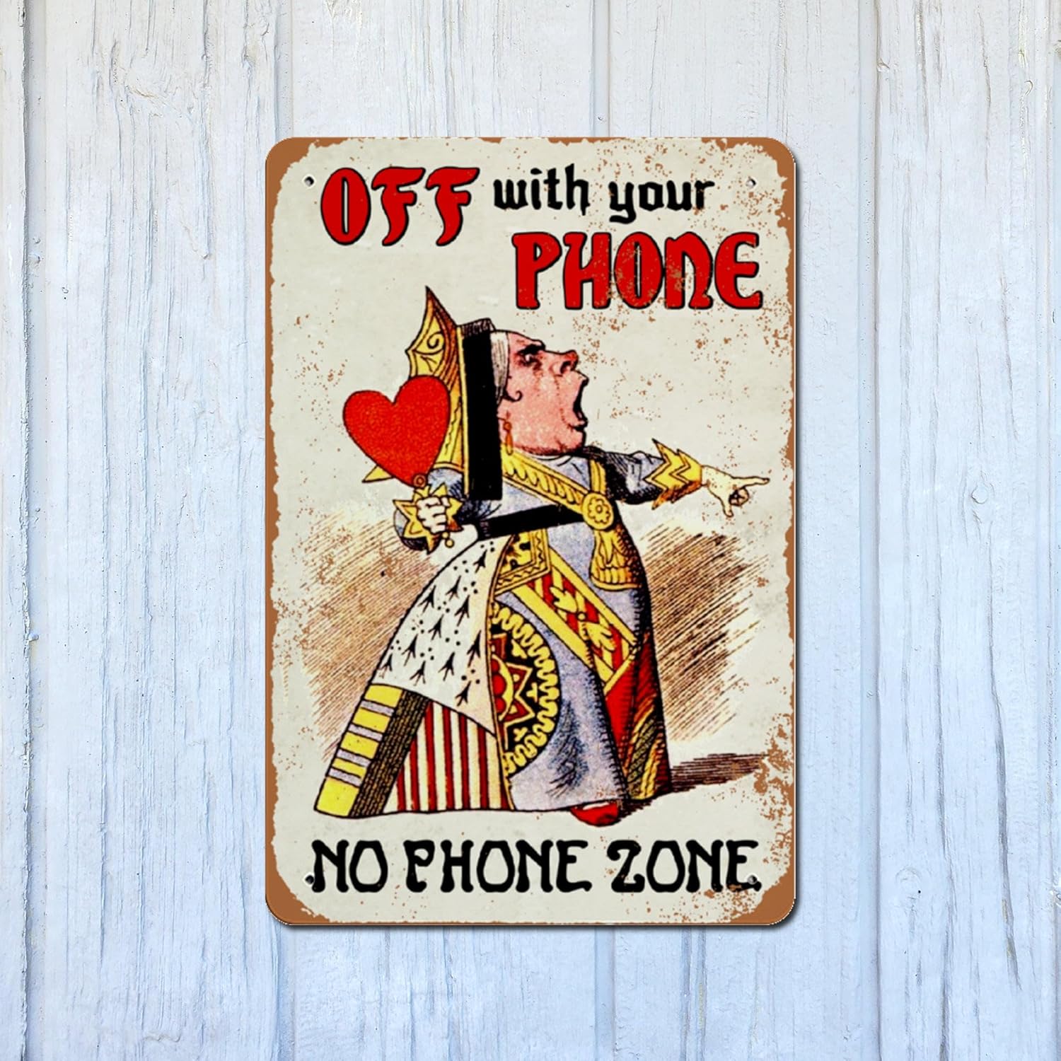 Nufar Off With Your Phone Tin Sign Queen of Hearts No Phone Zone Turn Off Devices Vintage Wall Decor Metal Sign 8"" x 12"",24ja03scC12