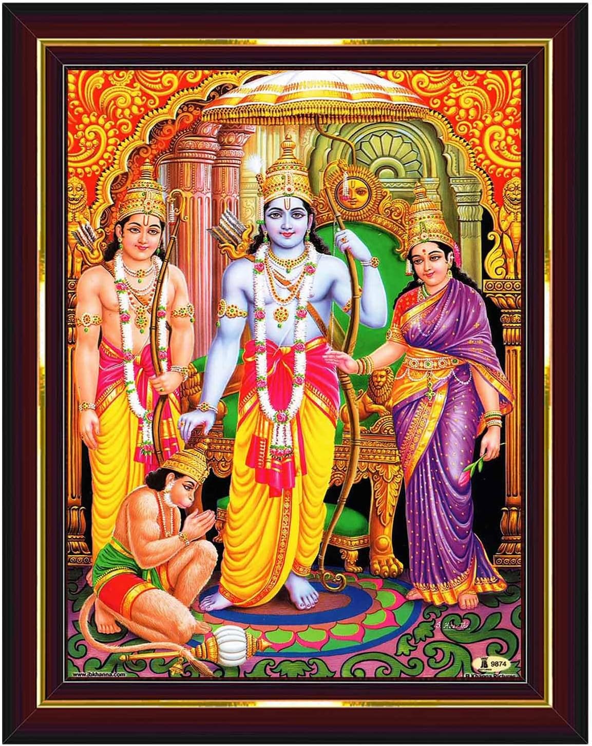 Pavan Photo Laminations Ram Darbar Lord Shri Rama Sita Parivar Family Wall Painting Framed Home Decor (Wood,Matte,Brown,Small Size,6 x 8 Inch) B740S