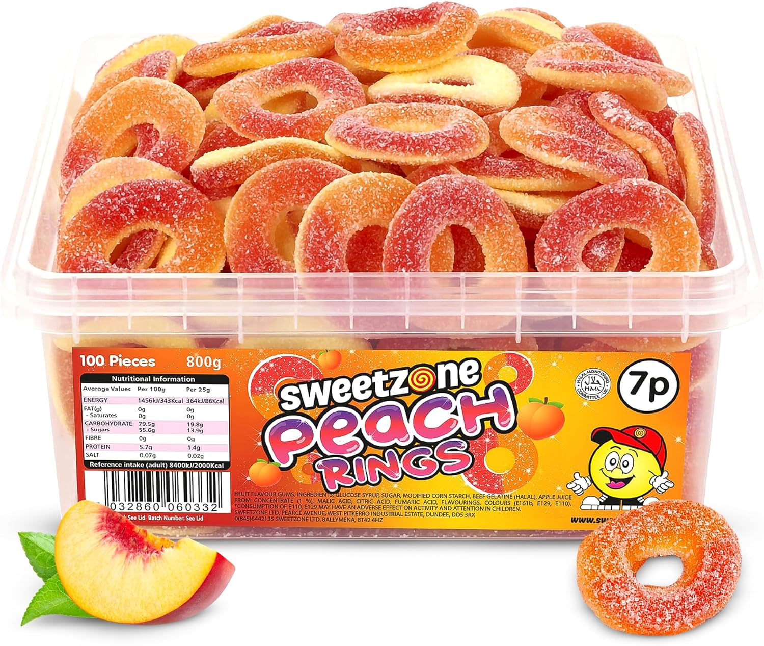 Sweetzone Sour Sweets Fizzy Peach Rings 800 g, 100 Pcs Sweet Box, Peach Rings, Sour Candy, Gummy Candy, Jelly Sweets, Bulk Sweets, Fizzy Sweets, Tubs of Sweets for Retro Sweets for Your Sweet Tooth