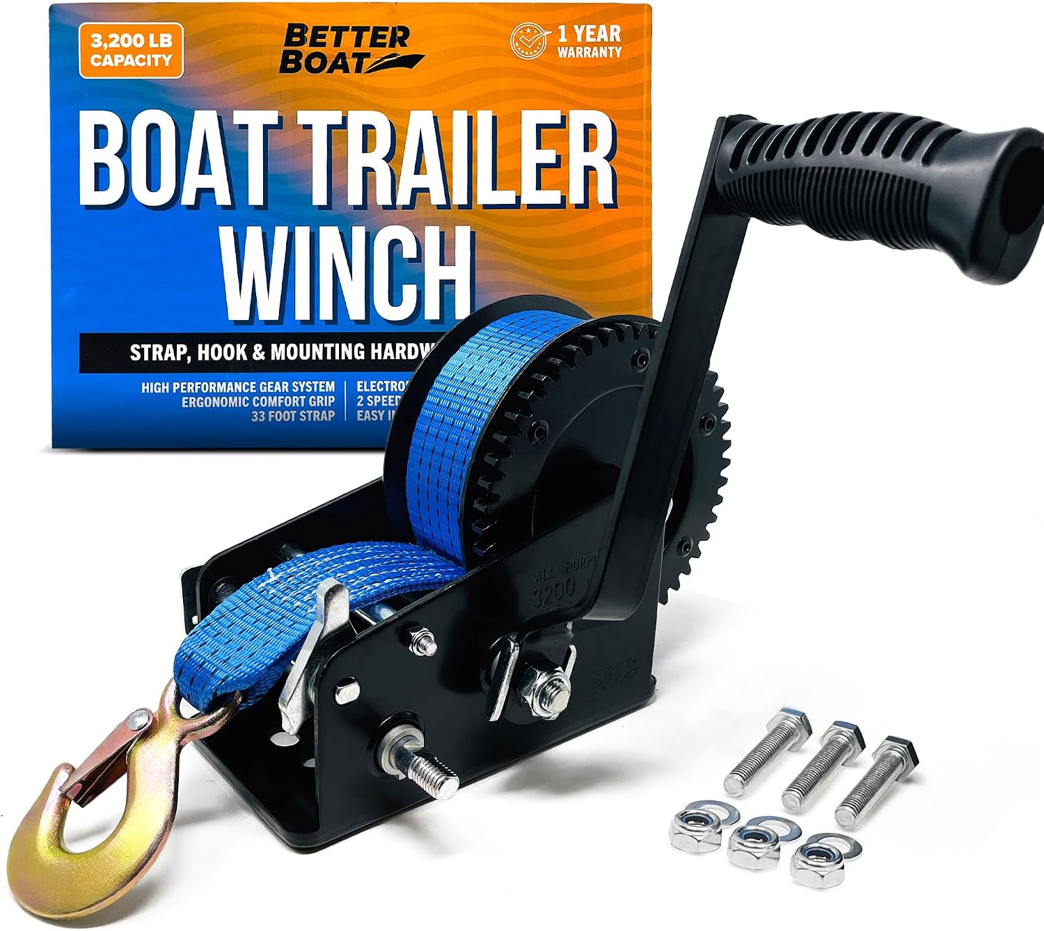 Boat Trailer Winch with Strap and Hook, Manual Hand Crank Winch, Heavy Duty One-Speed Ratchet Gear, for Pulling Boat Parts, Trailers, Car, or Truck Towing