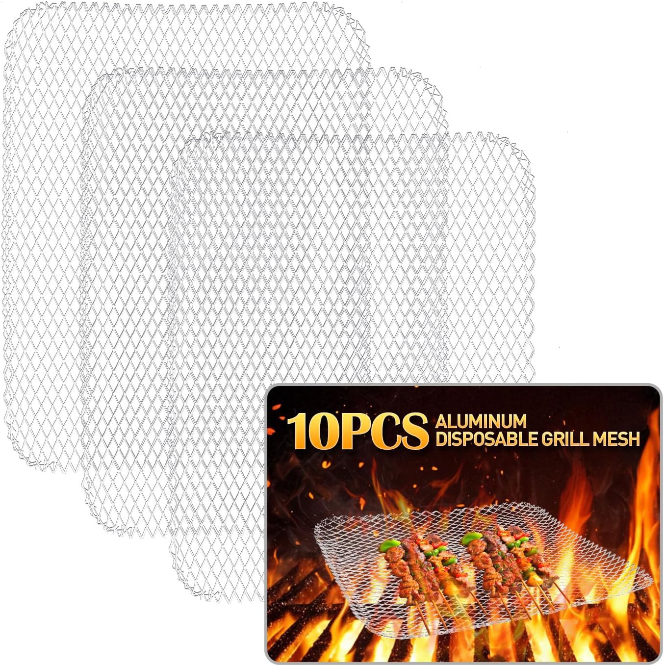 10 Pcs Disposable Grill Topper,16x12 Inch Grill Mesh Mat Disposable Pans,Non-Stick BBQ Aluminum Mats for Outdoor Grills, Easy to Clean