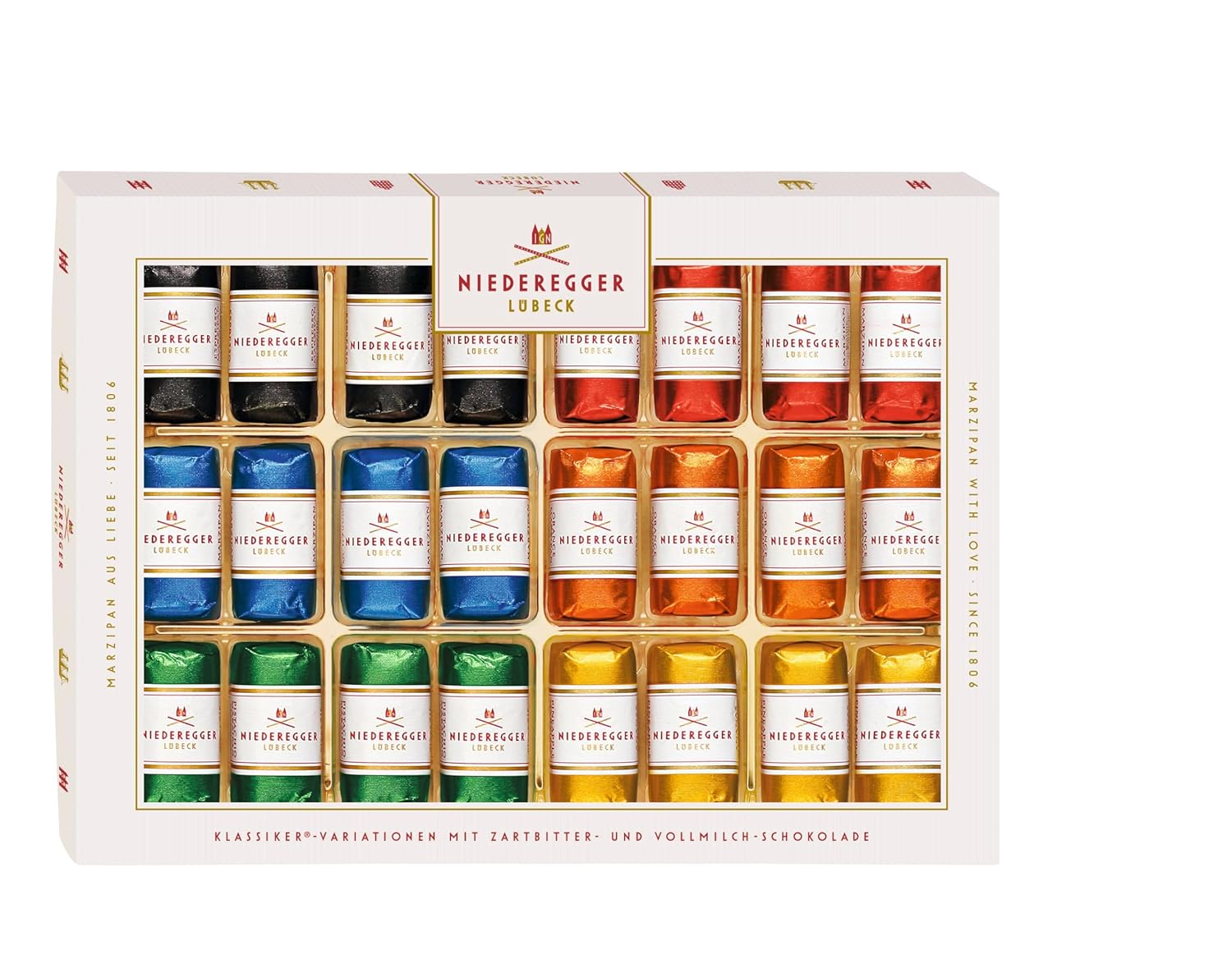 Niederegger Classic Marzipan Assortment Covered with Dark & Milk Chocolate 300g / 10.5oz | 24 Pieces per Box | 6 Variety - 4 Pineapple, 4 Orange, 4 Classic, 4 Pistachio, 4 Milk Chocolate & 4 Espresso