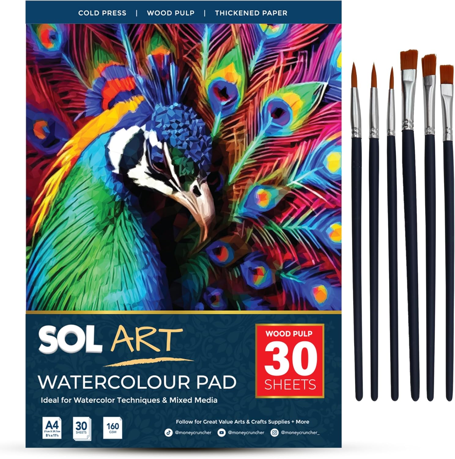 SOL 30 Sheets Watercolour Pad with 6pk Brushes, Watercolour Paper A4 Pad for Artists & Beginners, Versatile Brushes in Various Sizes - Durable Sketchbook for Painting & Art Projects for Adults