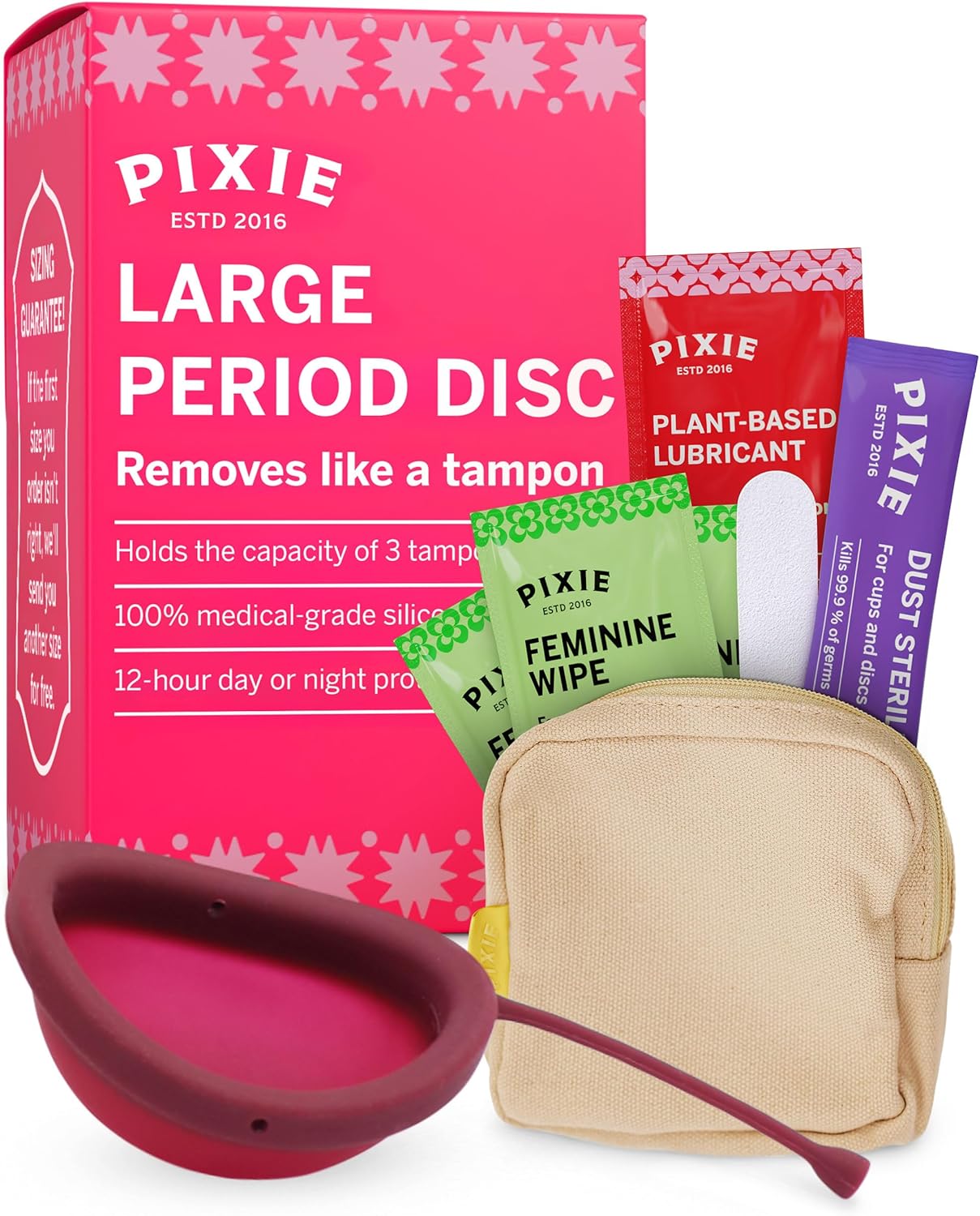 Pixie Menstrual Disc - No Metals or Toxins - 100% Medical-Grade Silicone - Ranked 1 for Most Soft Reusable Period Disc - Removes Like a Tampon - Wear 12 Hours - Capacity of 7 Tampons (Large)
