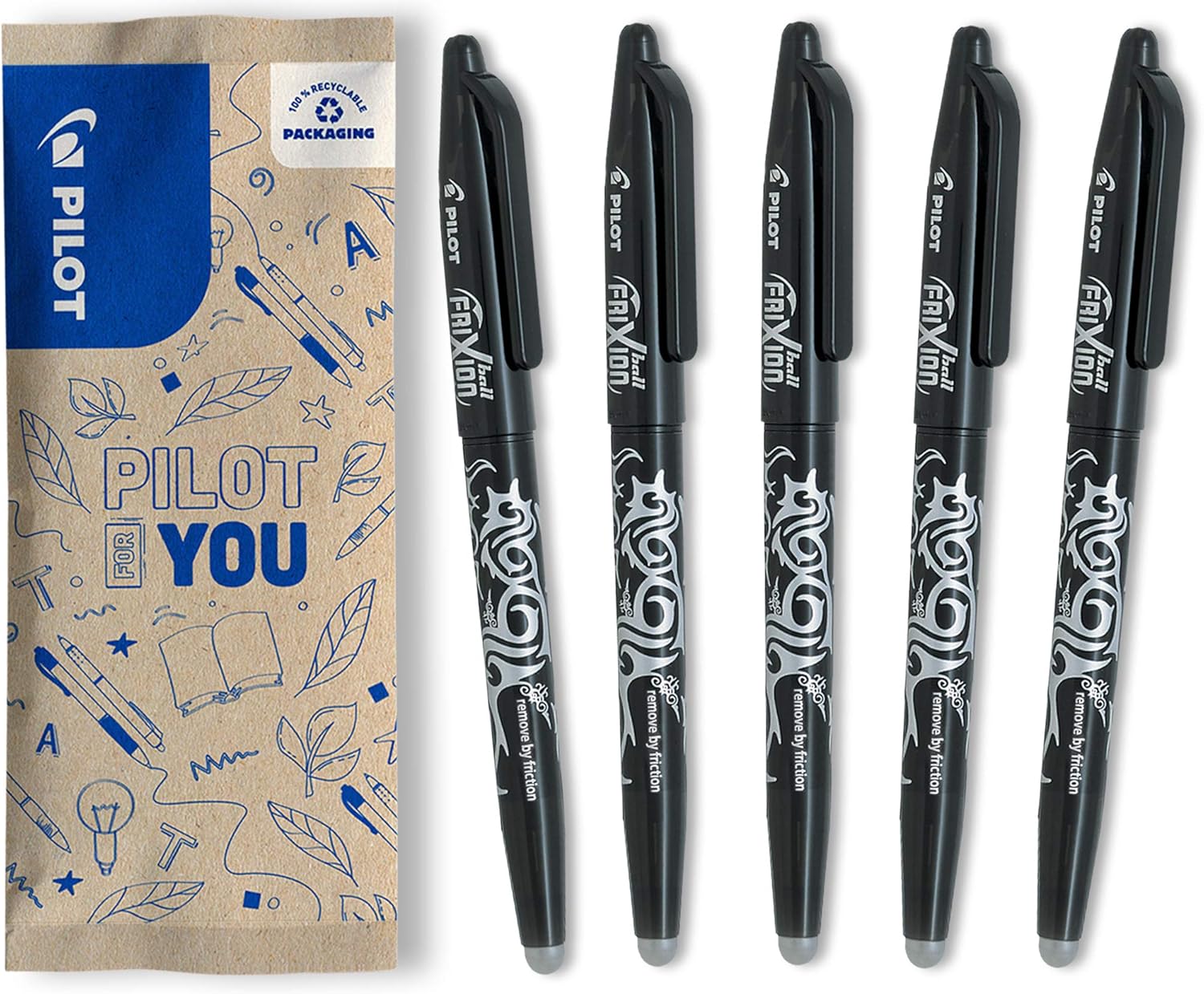 PILOT - Set of 5 Frixion Ball - Erasable Rollerball - Black - Medium Tip