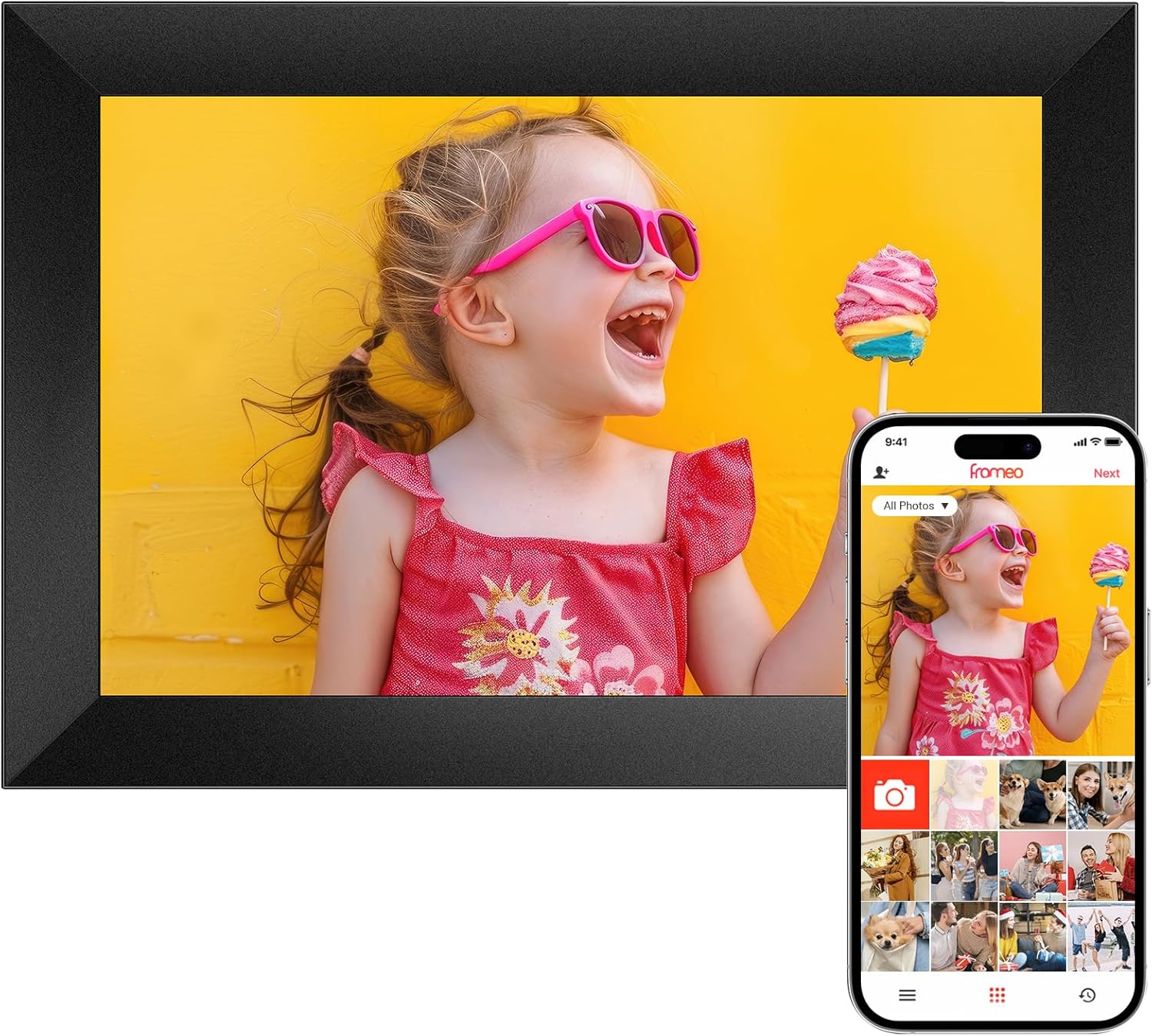 Frameo Digital Picture Frame WiFi, Electronic Digital Photo Frame 10.1 Inch, 1280x800 IPS LCD Touch Screen, Auto-Rotate Wall Mountable, Built-in 16GB Storage, Share Photos from Anywhere
