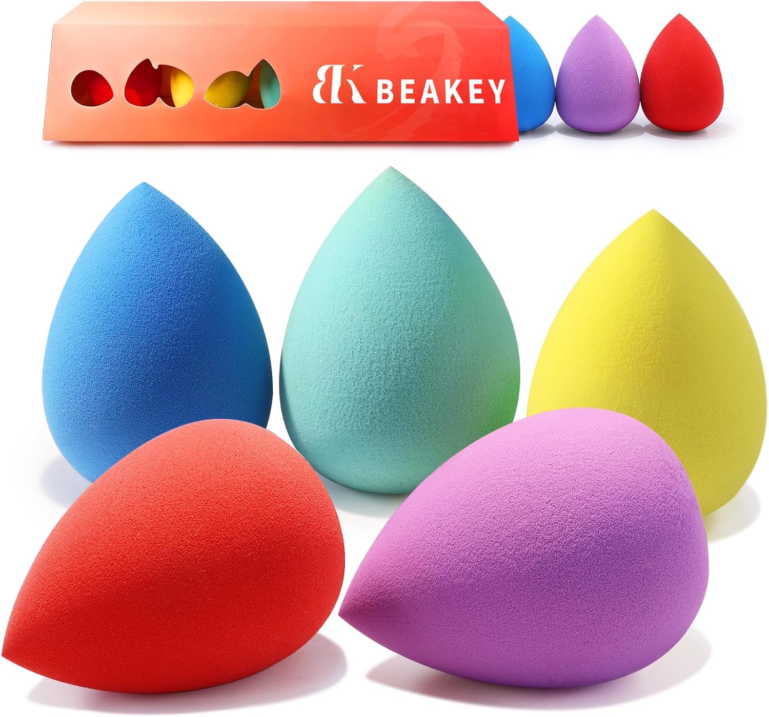 BEAKEY Makeup Sponges 5 Pcs, Non-Latex, Blender Beauty Soft Foundation Sponge, High Density Makeup Sponge for Foundation, Liquid, Creams and Powders, Stocking Stuffers for Women (Multi-Color)